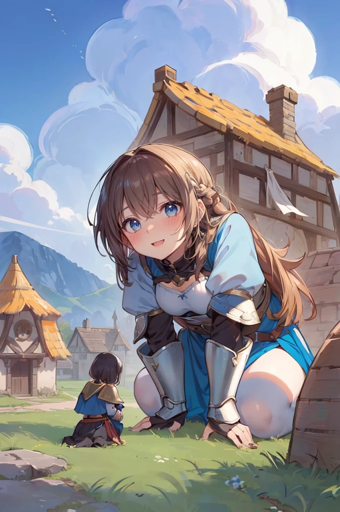 (2girls:1.4), an adventurer, medieval clothing, armor, (full body: 1.1), simple background, (a tiny village in front of a giantess breasts and face: 1.2), (cute giantess with armor and dress: 1.1), (female focus: 1.3), (minigirl back of the head: 1.2), (closeup breasts and face: 1.2), (a girl below the breasts of a giantess: 1.3), professionally drawn, (anime drawing:1.1), (simple bold lines: 1.1), (anime:1.1), (very cute anime girl), (bright), (low contrast), (prettiest age girl), (mature face: 1.4), (tall girl with big ass: 1.2),