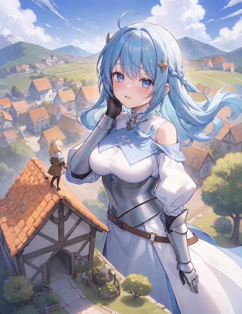 (2girls:1.4), an adventurer, medieval clothing, armor, (full body: 1.1), simple background, (a tiny village in front of a giantess breasts and face: 1.2), (cute giantess with armor and dress: 1.1), (female focus: 1.3), (minigirl back of the head: 1.2), (closeup breasts and face: 1.2), (a girl below the breasts of a giantess: 1.3), professionally drawn, (anime drawing:1.1), (simple bold lines: 1.1), (anime:1.1), (very cute anime girl), (bright), (low contrast), (prettiest teenage girl), (mature face: 1.4), (tall girl with big ass: 1.2),