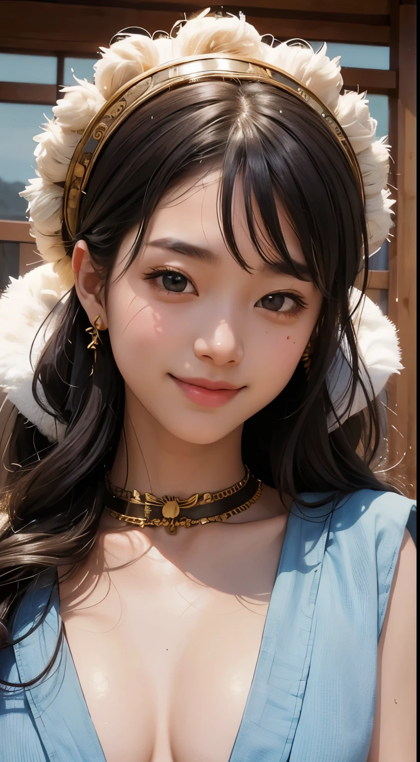 beautiful girl in a primitive costume made of hemp, front face, photo, an extremely delicate and beautiful, extremely detailed, Amazing, extremely detailed skin, (18 years old:1.2), cute girl, famous Japanese idol, kawaii, fair skin, shiny skin, chin thin, (smile:1.2), cute, young, extremely detailed nose, extremely detailed mouth, cute face, (realistic face:1.2), beautiful views, ancient japan