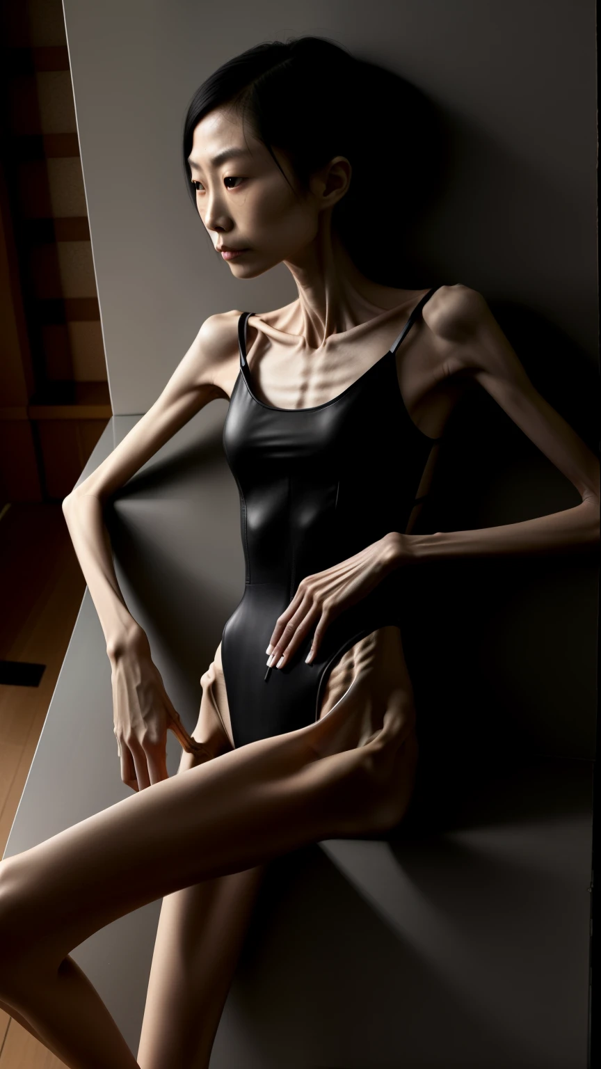 extremely thin woman，fair skin，The body  very thin，Rib chest，Protruding sternum，The sternum  obvious，Waist  very thin，The ribs are noticeable，Protruding ribs，The pelvic protrusion  very obvious，Pelvis clear，Hip bones are obviously prominent，thin shoulde，Waist  very thin，Sunken abdomen，Abdominal muscle atrophy，hunger，Delicate arms，arm muscle atrophy，slender thighs，Short hair details，Wear a one-piece leather jacket，asian face，Haggard expression，Excessive weight loss，Skinny as a skeleton，sunken face，Severe malnutrition