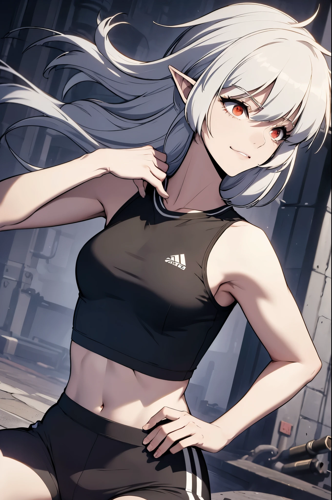 alice,vampire,grey hair, long hair, red eyes, pointy ears, small breasts,, best quality, photorealistic, yujiasuit, yoga sports bra, yoga pants, 1girl, solo, , yoga ball, pants, looking at viewer, smile, green sports bra, simple background, , midriff, long hair, breasts, green pants, sportswear, tank top, upper body,
