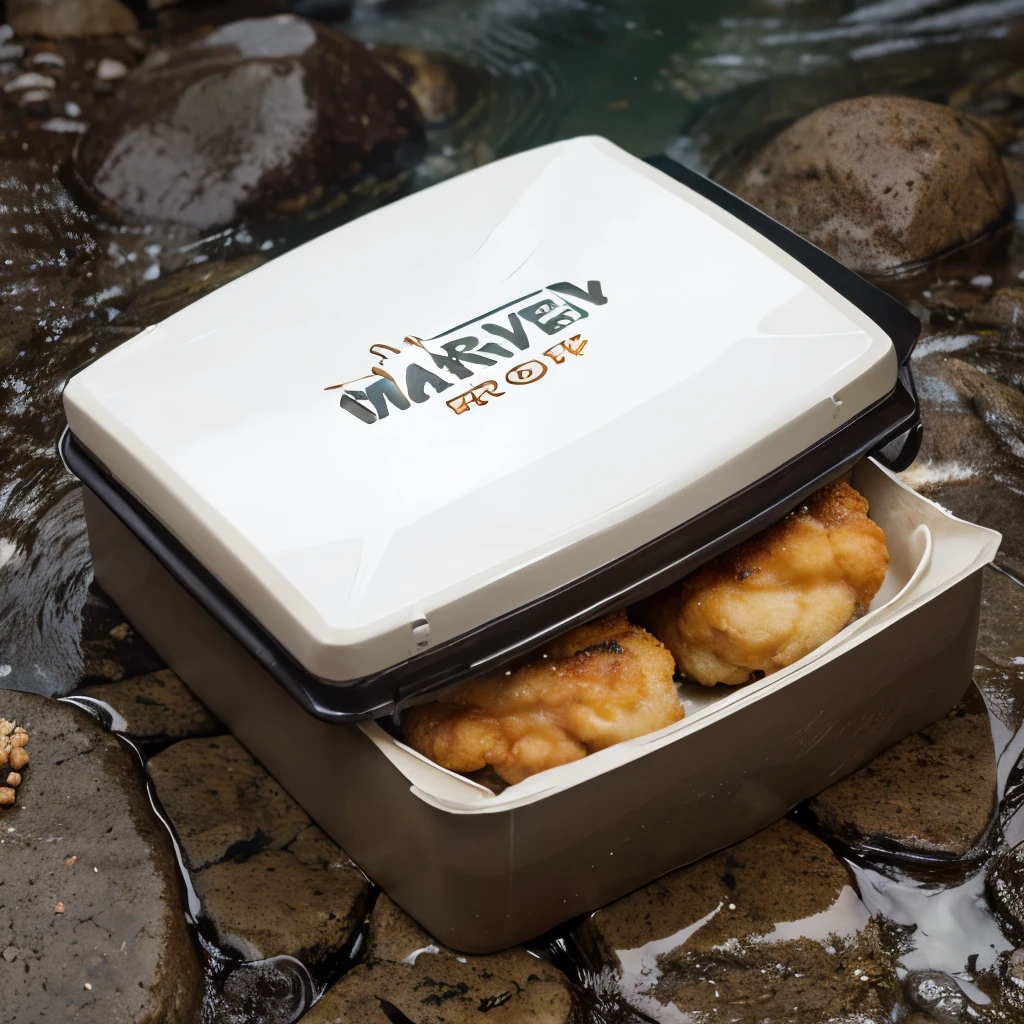 Create a visual mock up on an river stone surface table of wet magnetic closure box with a tag label written "MARRYBROWN", with a fried chicken smokey beside it, background of a rocky stream in heavy rain with fire
