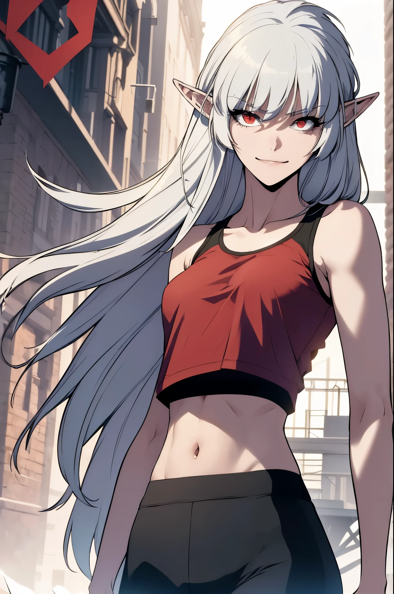 alice,vampire,grey hair, long hair, red eyes, pointy ears, small breasts,, best quality, photorealistic, yujiasuit, yoga sports bra, yoga pants, 1girl, solo, , yoga ball, pants, looking at viewer, smile, green sports bra, simple background, , midriff, long hair, breasts, green pants, sportswear, tank top, upper body,
