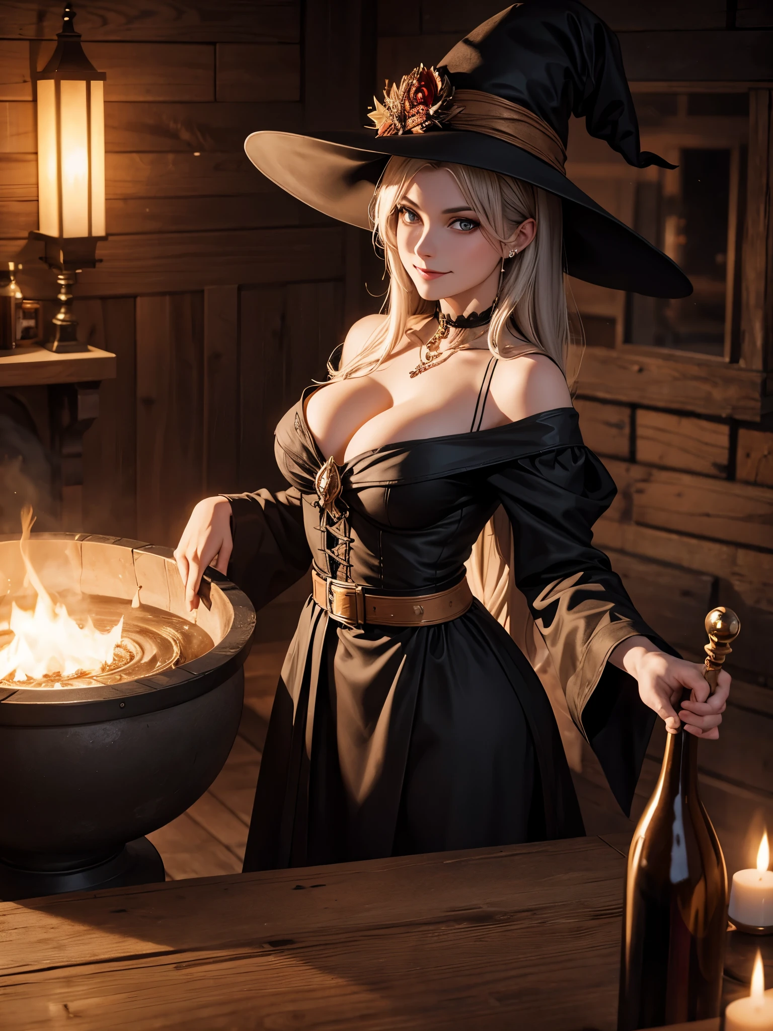 ((best quality)), (high detail), (HDR), Evil witch with demonic smile, looking over a smoking cauldron, 4K, 3D