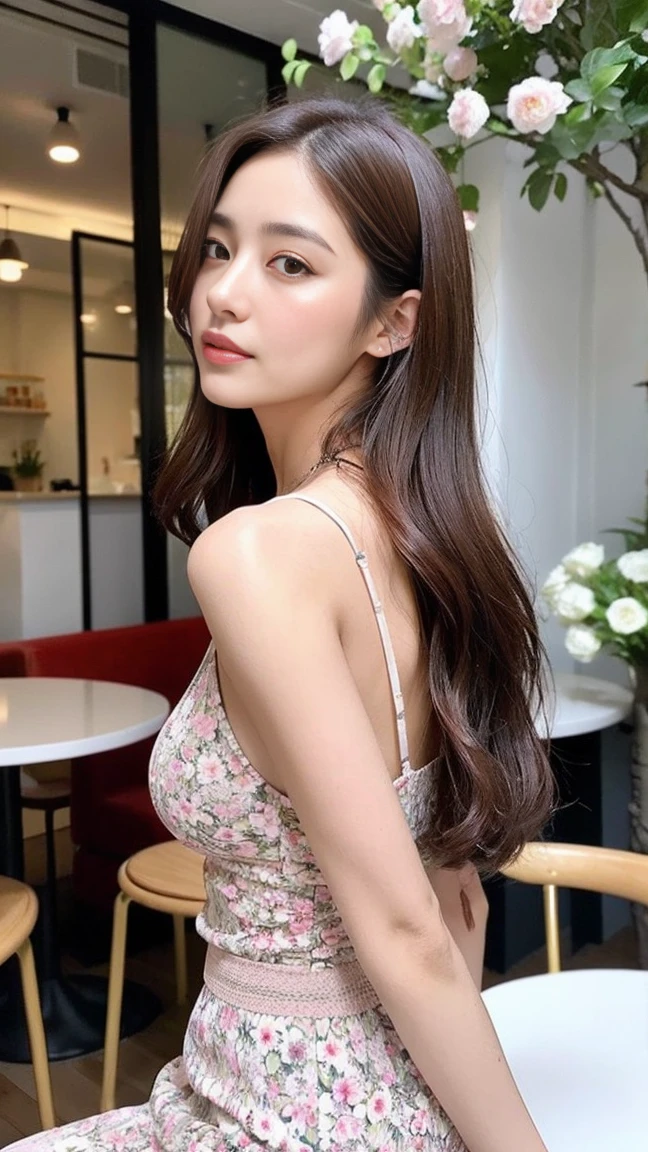dark brown hair、light brown eyes、Japanese actress face、 lady、looks like him;I'm about 40 years old、(intricate details:1.2)、(Which is the top?:1.4)、 (Super high resolution:1.2)、Super high resolution、(finely tuned)、(detailed facial features)、nffsw、8K resolution、D cup size breasts、long hair、Paris、Parisのカフェ、Pink flowers bloom at the entrance of the cafe.、Cafe entrance surrounded by flowers、sitting on a chair on the terrace of a cafe、leaning on the back of the chair、beautiful legs、full body photo、head to toe shot、