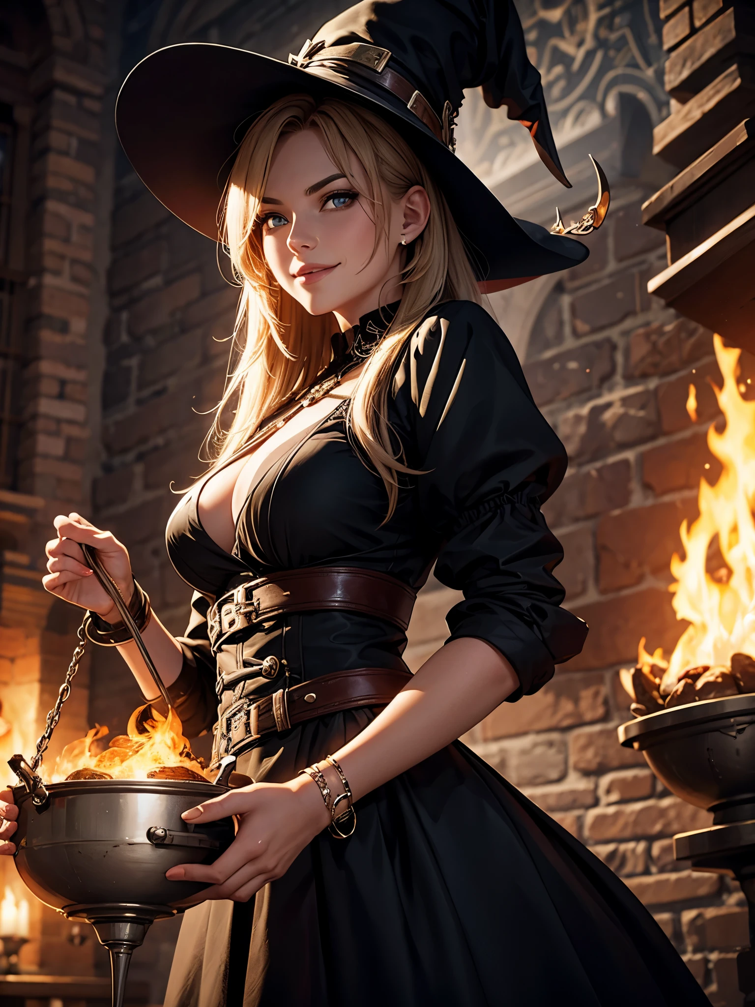 ((best quality)), (high detail), (HDR), Evil witch with demonic smile, looking over a smoking cauldron, 4K, 3D