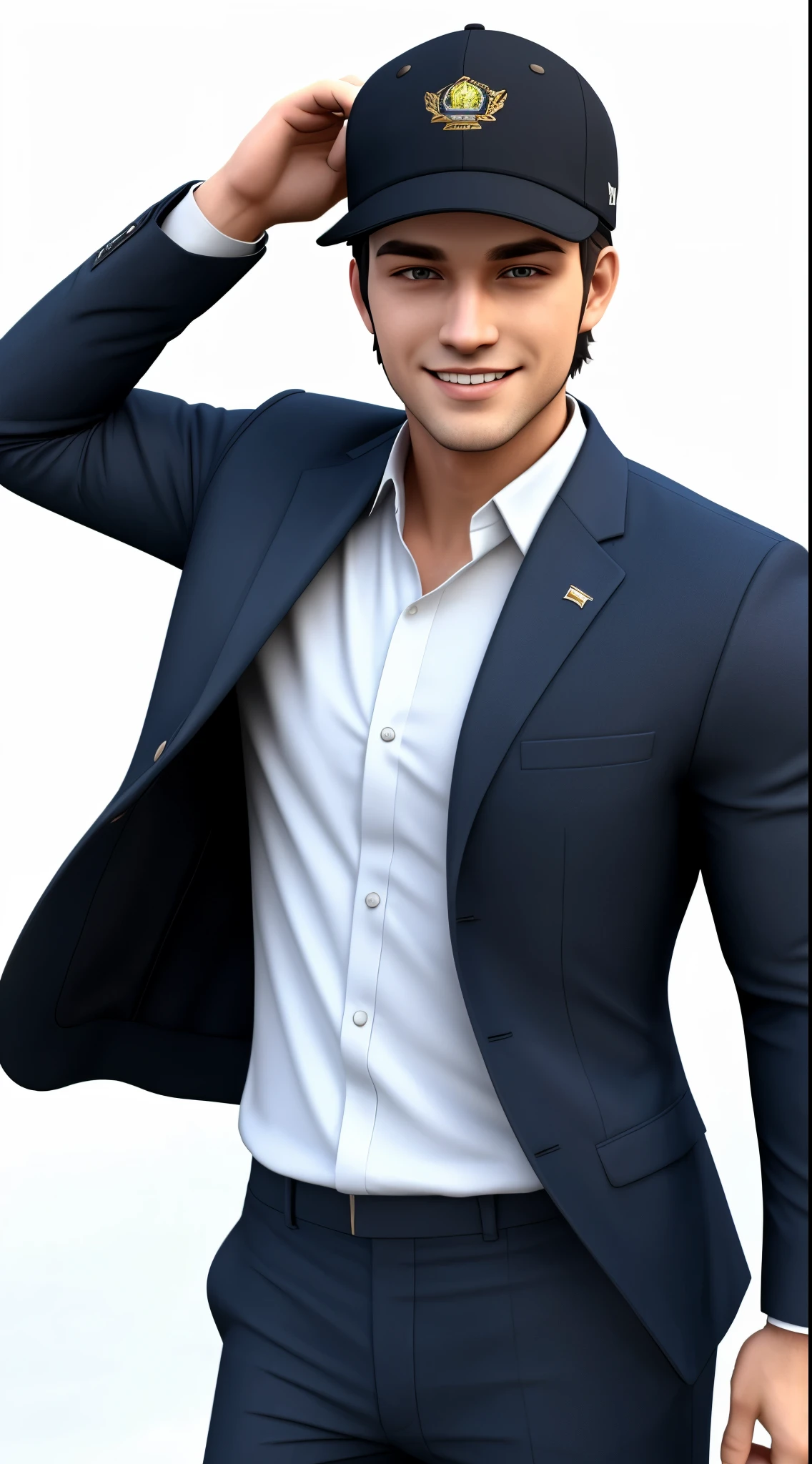 a man with white skin and green eyes 3d style smiling with medium brown hair ((wearing a cap )) (( wearing a suit )) com o fundo preto