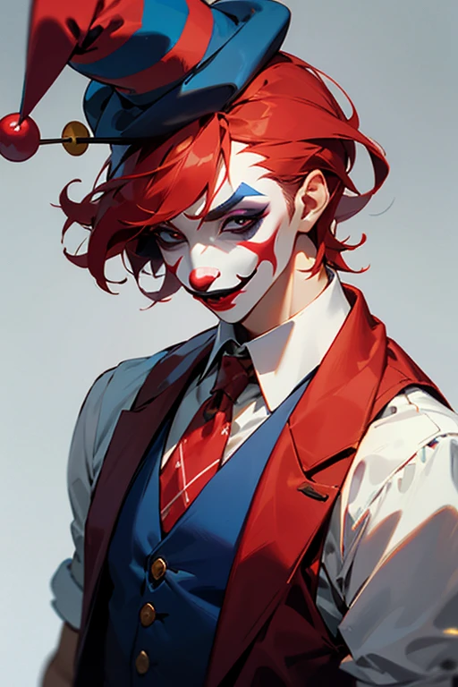 A red haired man in a vest with jester hat and clown makeup