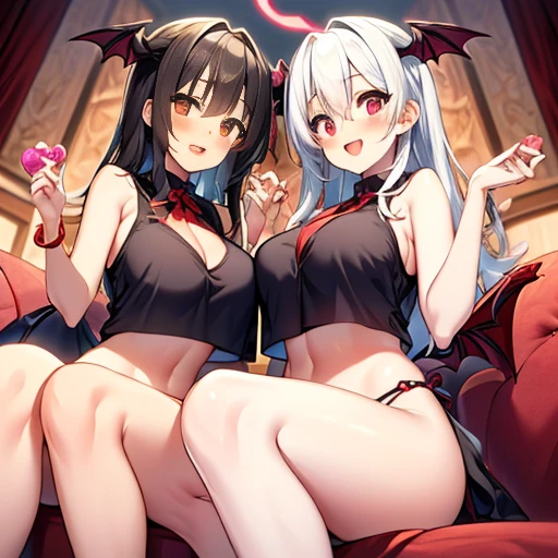 Succubus(twins) pose of temptation erotic body attractive face heart mark cute smile charm magic sit on the bed and pose big boobs sweets room background pose holding hands pose while sitting on the sofa