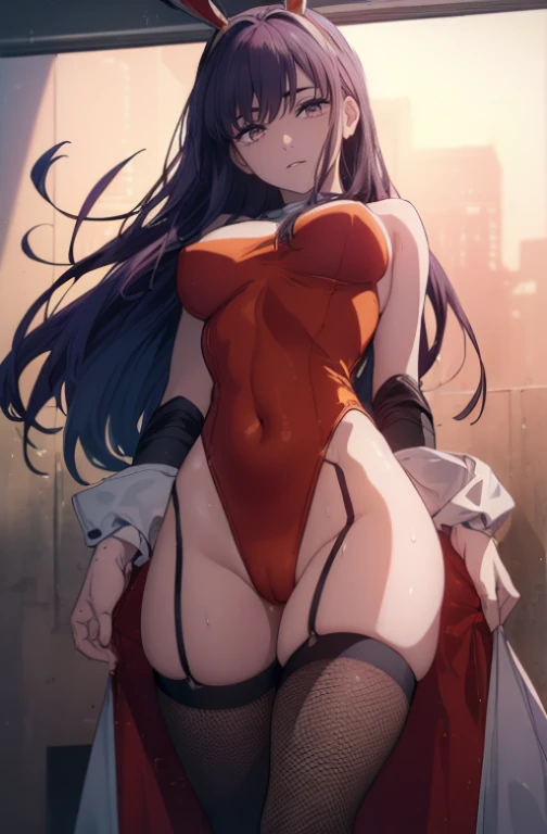 ((((Obra maestra, La mejor calidad, ultrahigh resolution)))), perfect anatomy, 1girl, long hair, red, orange eyes, bunny suit, blue bunny suit, Sweating, medium breast, navel, cameltoes, black stockings, fishnets, looking at viewer