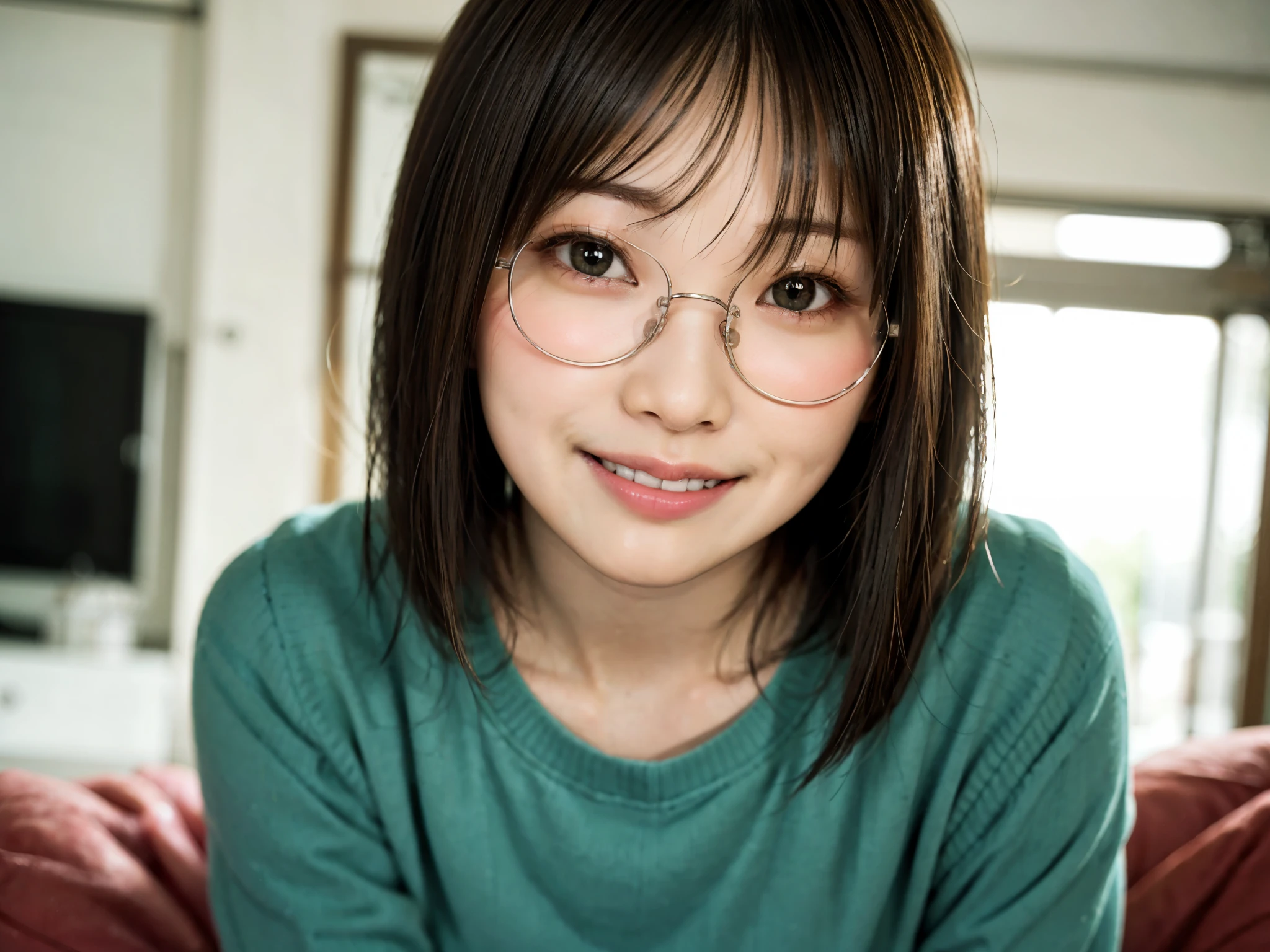 22 year old Japan woman in casual clothes in living room、pay attention to your audience、pose with a smile(highest quality、マスターmaster piece)))、High resolution、very detailed、master piece、movie lighting、(8K、highest quality、マスターmaster piece:1.2)、(realistic、Photoreal:1.37) high resolution、super detail、1 girl 、woman wearing glasses、thin frame round glasses、Green glasses、Asian, cute, cute顔, alone, short hair 1.2, rough skin, Beautiful smile, Dense and beautiful sky, night, movie lighting, Depth of the bounds written, lens flare light、sitting、date、(blush your nose)、(laughter:1.15)、(closed your mouth)small breasts、Beautiful eye for detail、(sweater:1.1)、night、(short length hair:1.2)、floating hair nova frog style