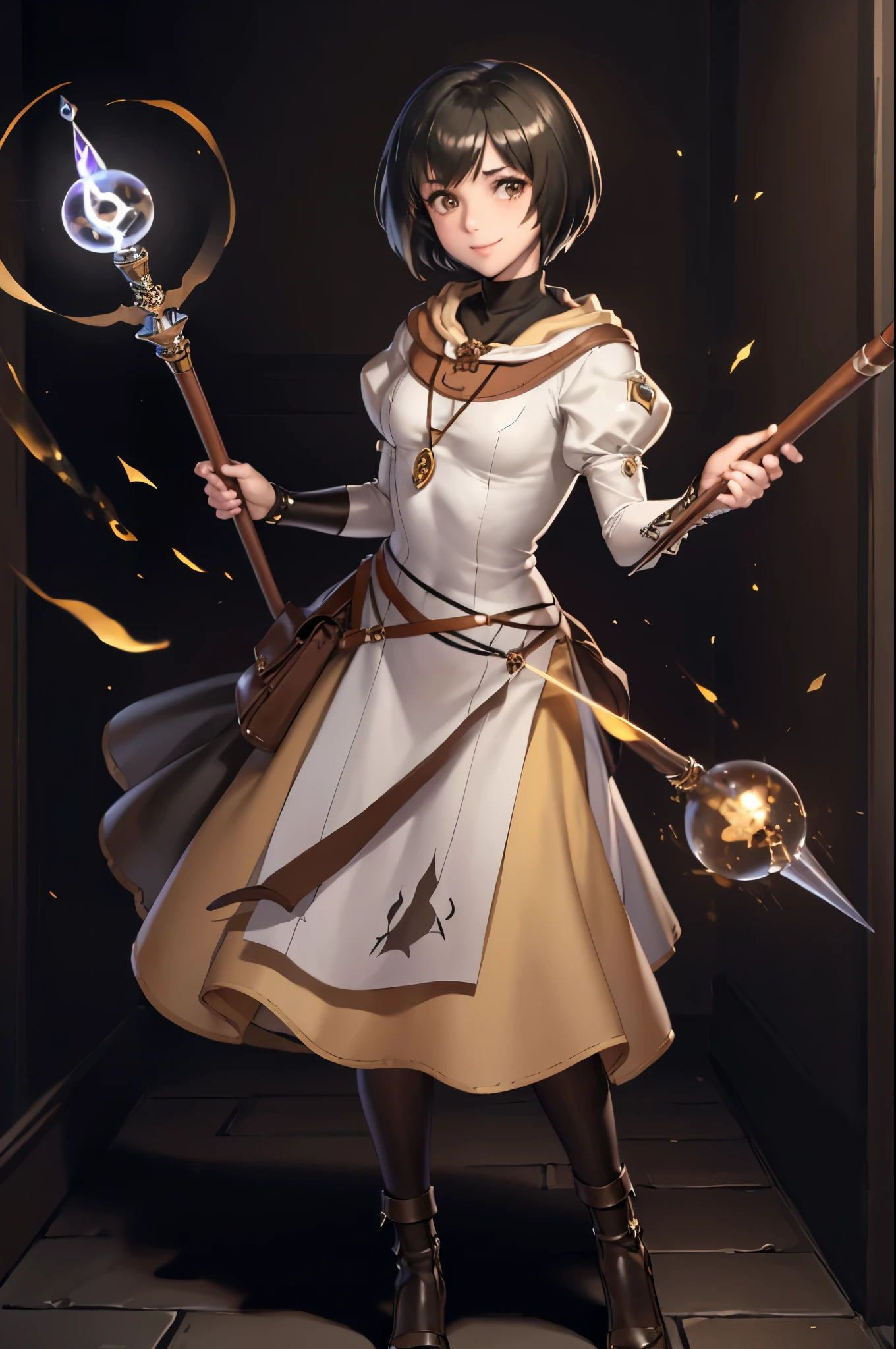 masterpiece, best quality, laura fe, pantyhose, necklace, bag, black pantyhose, standing, FEH, black background,  background, holding a wizard's staff with two hands, casting magic, holy magic, white theme, furrowed brow, smile 