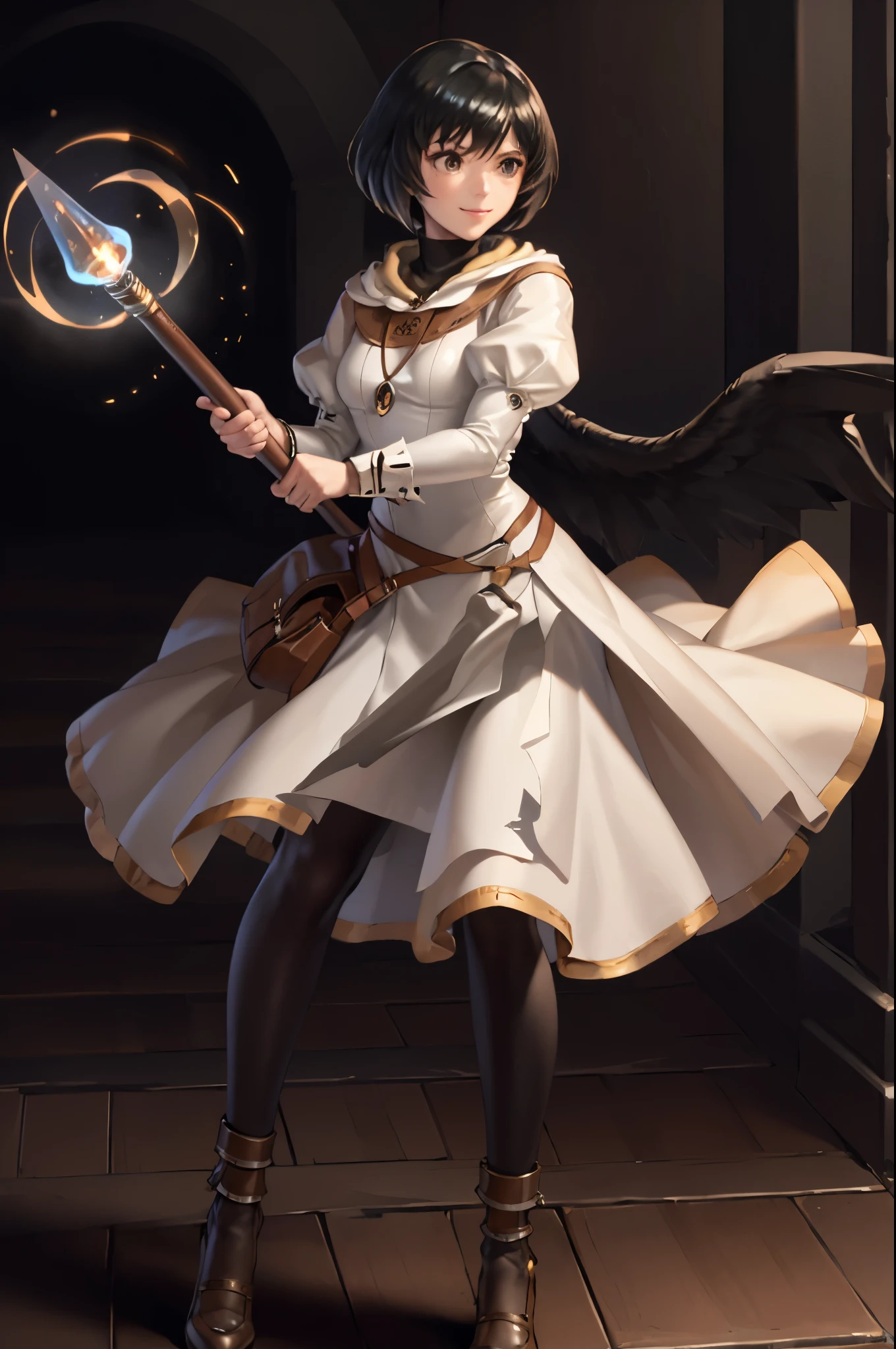 masterpiece, best quality, laura fe, pantyhose, necklace, bag, black pantyhose, standing, FEH, black background,  background, holding a wizard's staff with two hands, casting magic, holy magic, white theme, furrowed brow, smile 