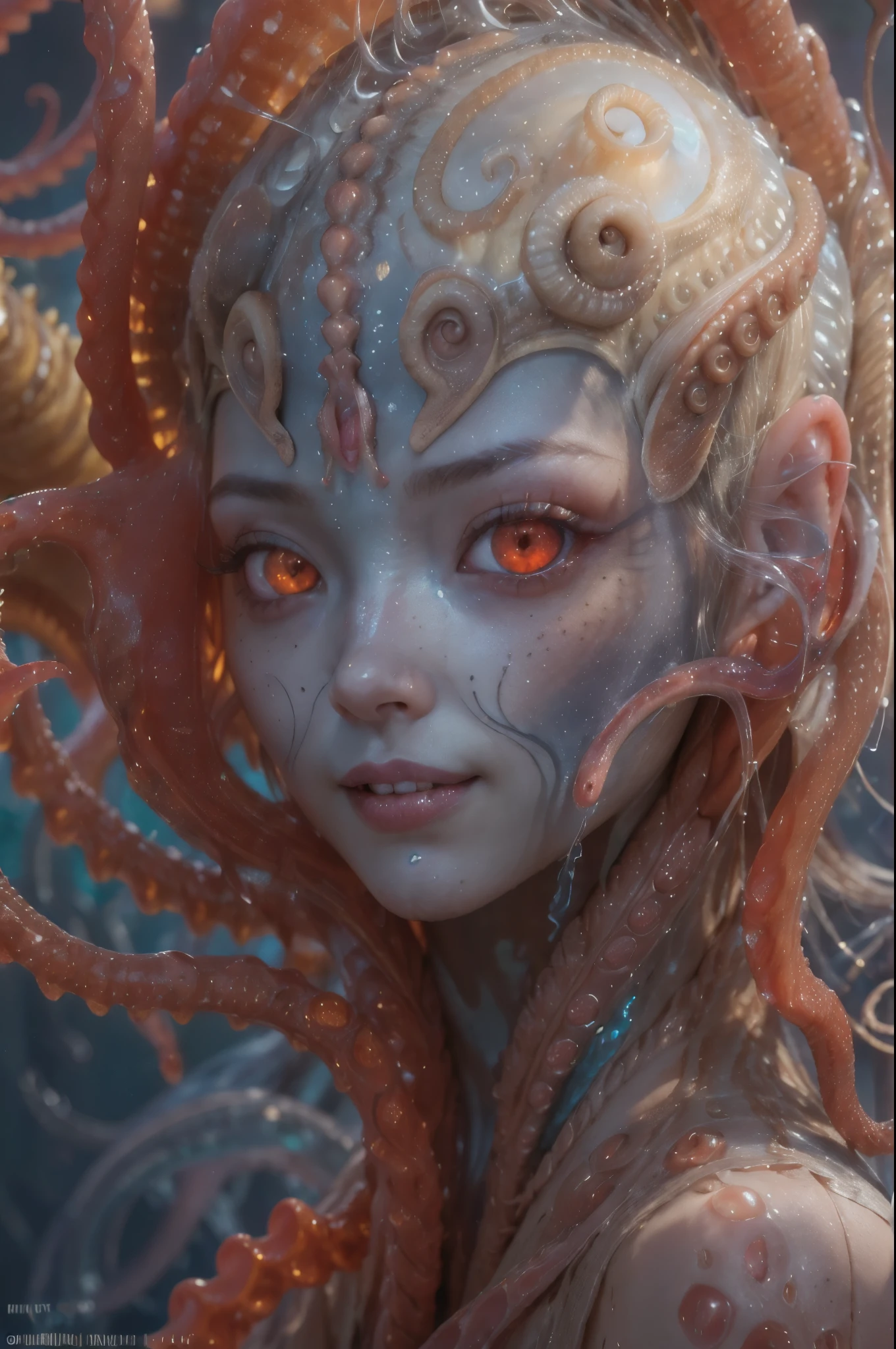 scary and sexy detailed art in color, Portrait, (beautiful and obscene female alien:1.4), (vulgarity1.5), (she has red eyes with no pupils:1.8), (Translucent skin:1.7),  (There is a female genital-like organ in the middle of the forehead:1.9), (The most beautiful face in the history of the universe:1.2),an evil gaze that seduces, (large mouth:1.1), (sharp teeth like a vampire:1.2), Full body portrait, (bio luminescent:1.5), (Smile wickedly:1.3),  (sexypose:1.5), alien, No humans, cells are fused, (Lots of translucent tentacles:1.3) extraterrestrial, cell, bio image, best quality, 8K,In 4K_quality, High freshness, Dramatic Lighting, masutepiece:1.5,cinematic quality, detail up, (exquisite details:1.2), high resolution, High freshness, drawing faithfully, (Thick eyebrows:1.2), Beautiful eyes with fine symmetry,(Highly detailed face and eyes:1.2), Intimate face, (Super detailed skin quality feeling:1.4), perfect anatomy,  (Beautiful toned body:1.5),  (Moist skin:1.2), not wearing makeup, (dark circles:1.1), long canines, cinematic drawing of characters, ultra high quality model, cinematic quality, detail up, (exquisite details:1.2), high resolution, High freshness, drawing faithfully, official art, Unity 8K Wall  , 8K Portrait, best quality, Very high resolution, ultra detailed artistic photography, midnight aura,  unreal engine 5, Ultra Sharp Focus, art by Amano Yoshitaka, ArtGerm, Roisch, intricate artwork, best quality, masterpiece, ultra high resolution, (photos realistic:1.4), ultra realistic realism, dream-like, nautilus, Creation of fantasy, Snail, Dream Snail, (biopunk nautilus:1.3),Thrilling color schemes, ultra realistic realism, seductively smiling, Blue tentacles,