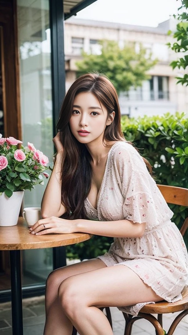 dark brown hair、light brown eyes、Japanese actress face、 lady、looks like him;I'm about 40 years old、(intricate details:1.2)、(Which is the top?:1.4)、 (Super high resolution:1.2)、Super high resolution、(finely tuned)、(detailed facial features)、nffsw、8K resolution、D cup size breasts、long hair、Paris、Parisのカフェ、Pink flowers bloom at the entrance of the cafe.、Cafe entrance surrounded by flowers、sitting on a chair on the terrace of a cafe、leaning on the back of the chair、beautiful legs、full body photo、head to toe shot、