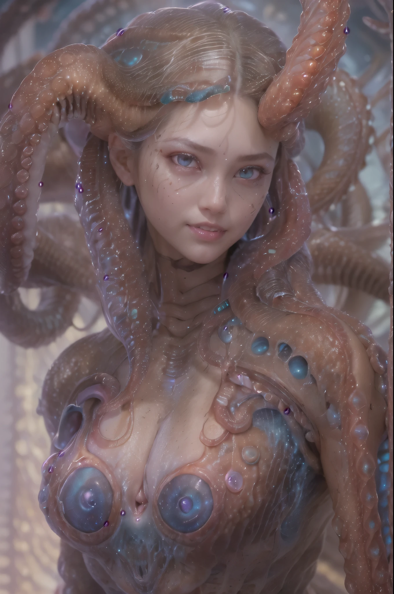 scary and sexy detailed art in color, Portrait, (beautiful and obscene female alien:1.4), (vulgarity1.5), (she has red eyes with no pupils:1.8), (Translucent skin:1.7), (There is a female genital-like organ in the middle of the forehead:1.9), (The most beautiful face in the history of the universe:1.2),an evil gaze that seduces, (large mouth:1.1), (sharp teeth like a vampire:1.2), Full body portrait, (bio luminescent:1.5), (Smile wickedly:1.3), (sexypose:1.5), alien, No humans, cells are fused, (Lots of translucent tentacles:1.3) extraterrestrial, cell, bio image, best quality, 8K,In 4K_quality, High freshness, Dramatic Lighting, masutepiece:1.5,cinematic quality, detail up, (exquisite details:1.2), high resolution, High freshness, drawing faithfully, (Thick eyebrows:1.2), Beautiful eyes with fine symmetry,(Highly detailed face and eyes:1.2), Intimate face, (Super detailed skin quality feeling:1.4), perfect anatomy, (Beautiful toned body:1.5), (Moist skin:1.2), not wearing makeup, (dark circles:1.1), long canines, cinematic drawing of characters, ultra high quality model, cinematic quality, detail up, (exquisite details:1.2), high resolution, High freshness, drawing faithfully, official art, Unity 8K Wall , 8K Portrait, best quality, Very high resolution, ultra detailed artistic photography, midnight aura, unreal engine 5, Ultra Sharp Focus, art by Amano Yoshitaka, ArtGerm, Roisch, intricate artwork, best quality, masterpiece, ultra high resolution, (photos realistic:1.4), ultra realistic realism, dream-like, nautilus, Creation of fantasy, Snail, Dream Snail, (biopunk nautilus:1.3),Thrilling color schemes, ultra realistic realism, seductively smiling, Blue tentacles,
