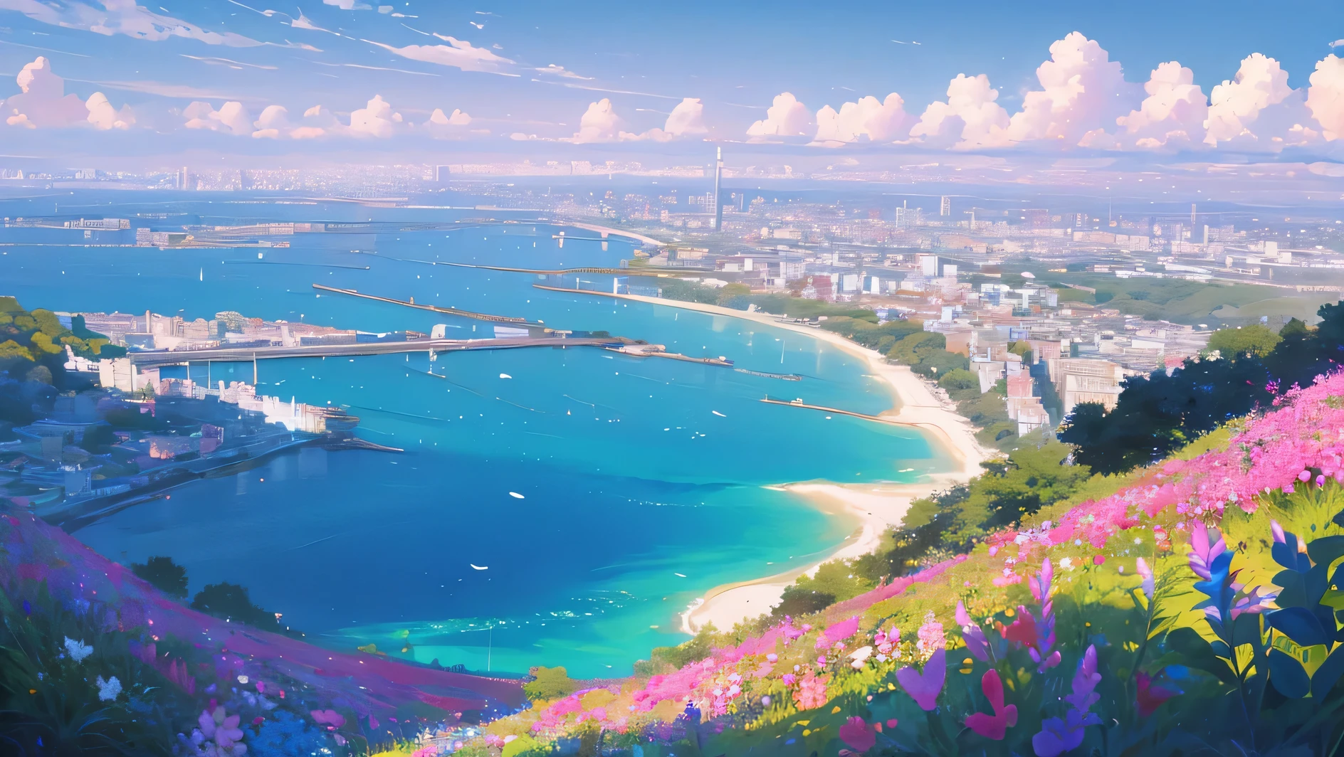 beautiful sea with the sky and the sun in the clouds, a lot of flowers in the summer city in the background 10 am