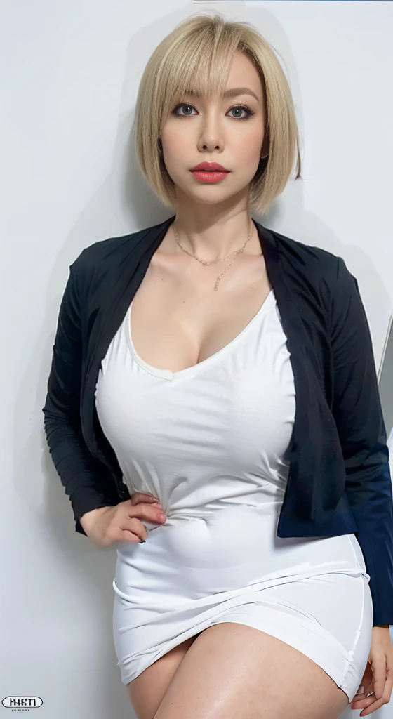 very short blonde hair、beautiful face、beautiful eyes、ridiculously large breasts、