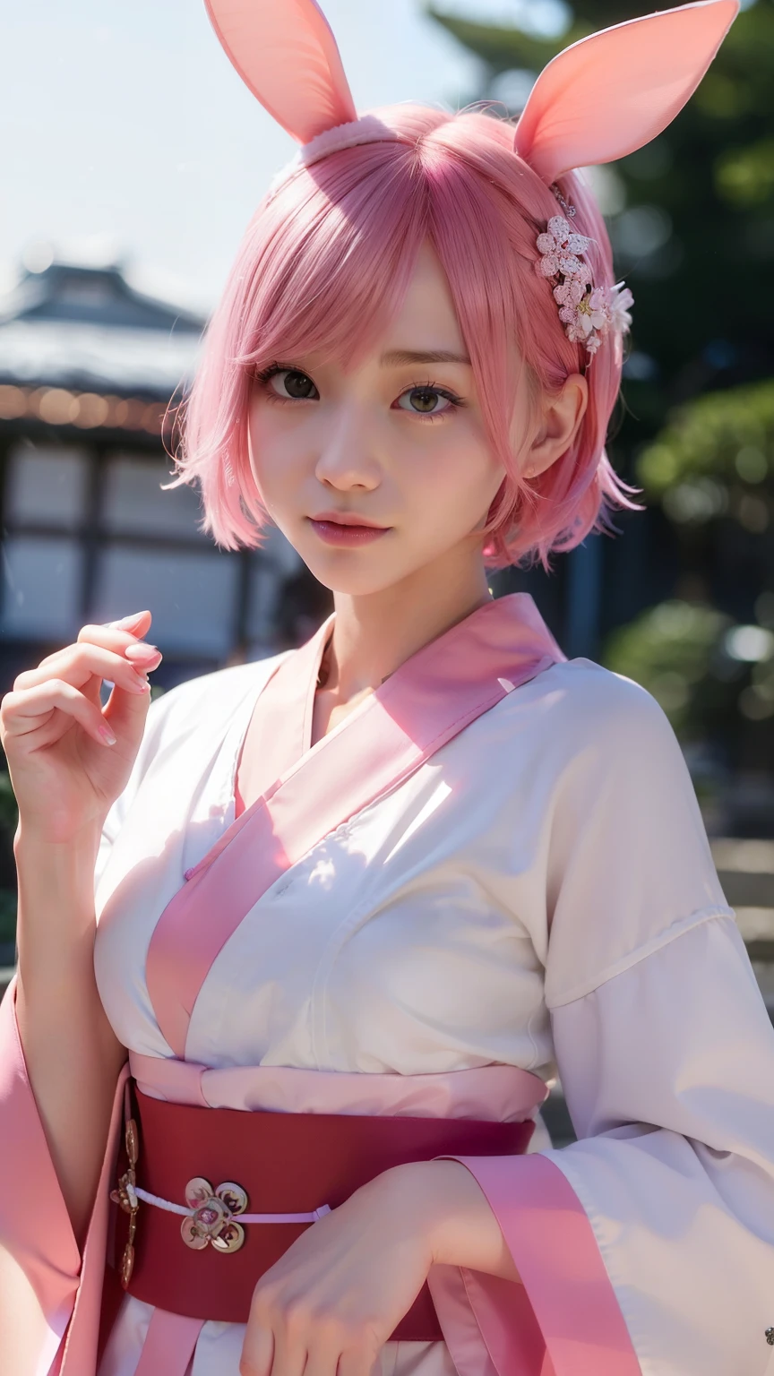 first visit of the year to a shrine、red kimono、traditional Japanese costume、Twelve Uniforms、beautiful kimono、adult style、Furisode、kanzasi、hair ornaments、snow scene、winter scenery、Pink short cut hair、pink hair color、Pink rabbit ears stick out of the head、the woman is japanese、K-pop、cute face、Small underwear、muste piece、Transparent white skin、pink hair、Beautiful rabbit woman、Healthy five-fingered not ragged、Number of normal fingers、small 、short cut bob、不快感のないAnatomically correct number of fingers、beautiful nose、beautiful eyes、Rear view、Raise your ass andreet、Pink short cut hair、(8K, highest quality, masterpiece:1.2), (real, photorealistic:1.37)、cute、Report、(A sloppy smile:1.15)、(smilel breasts、（short h）、master piece、ピンクのshort cut bob、realなウサギの耳、ピンクのrealなウサギの耳、頭から突き出ているウサギのrealな耳、pink hair、A beautiful girl with a bewitching atmosphere、beautiful shaped hands、K-pop、Pink rabbit ears、1 girl、Report、masterpiece、highest quality、real、hyper detail、disorganized、短いpink hair、Slender beauties、dynamic lighting、High resolution、sharp focus、Depth of the bounds written、(thick thighs:1.0)、slender :1.2，((short cut bobの髪))、(p:1.3))，Highly detailed face and skin texture、((troublesome))，Anatomically correct number of fingers，correct anatomy