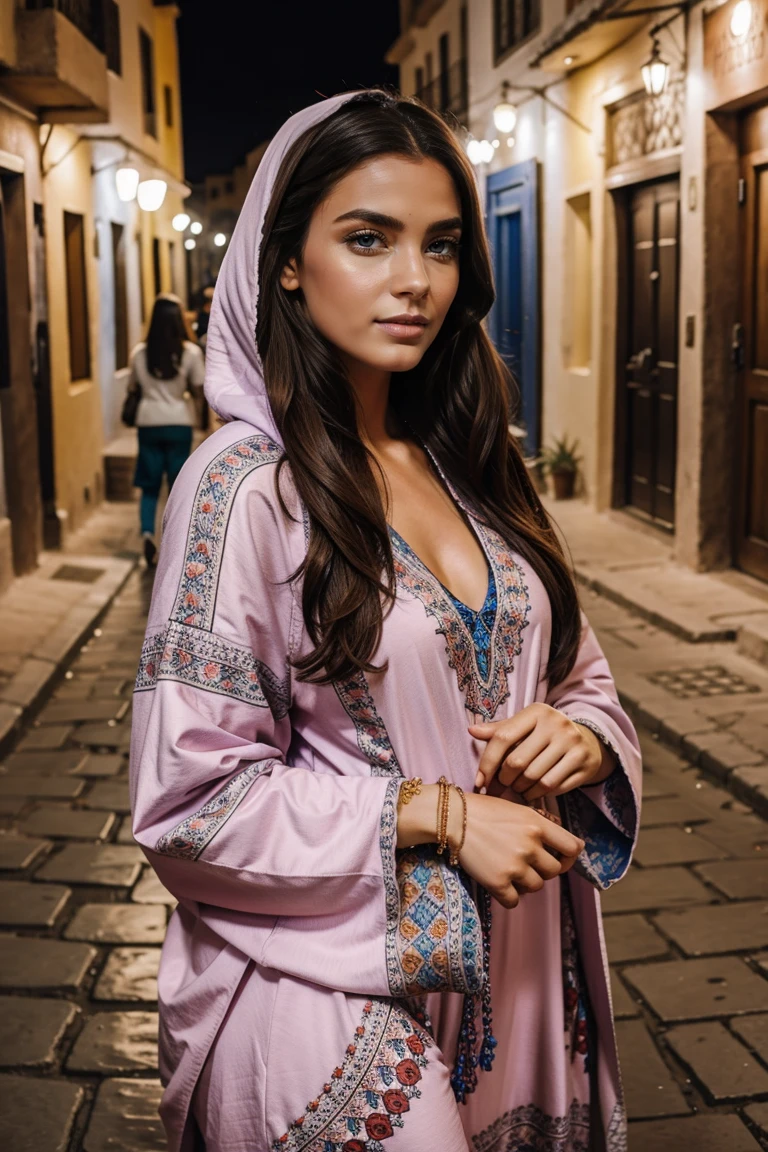 Instagram-Models posieren in Fes, in colorful kaftan hoodie, full entire body, beautiful detailed eyes, beautifully detailed lips, extremely detailed eyes and face, kurzes, welliges rosa Haar ((best qulaity)), ((Meisterwerk)), (detailliert), perfektes Gesicht, full entire body
