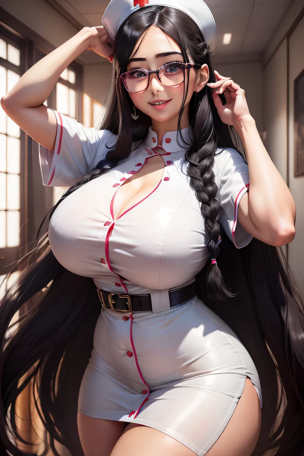 8K、Highest image quality、Two-dimensional nurse、white nurse uniform、black hair、braid long hair、brown eyes、big black rimmed glasses、(Detailed facial depiction、Huge breasts that are about to explode)、the best beauty、super cute、smiling、glamorous、erotic、Nogizaka、Idol