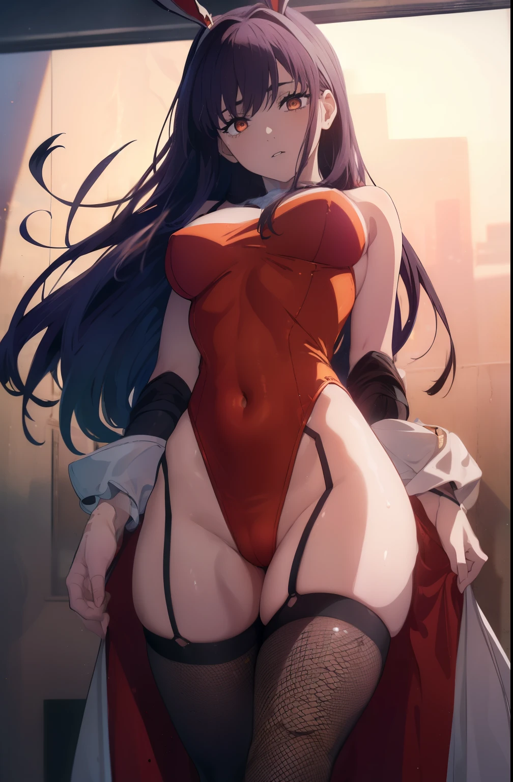 ((((Obra maestra, La mejor calidad, ultrahigh resolution)))), perfect anatomy, 1girl, long hair, red, orange eyes, bunny suit, blue bunny suit, Sweating, medium breast, navel, cameltoes, black stockings, fishnets, looking at viewer