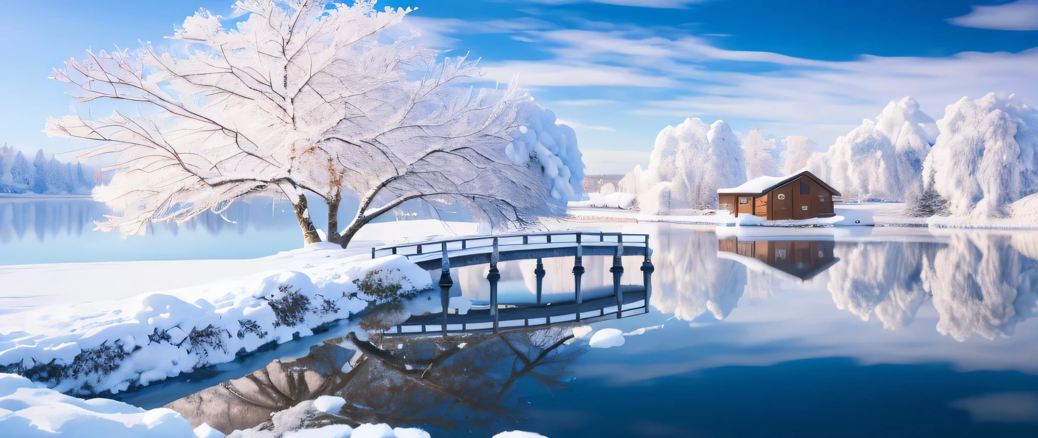 snowy landscape with a bridge and a house on the water, beautiful winter area, beautiful snowy landscape, very beautiful photo, hd wallpaper, winter setting, scenery wallpaper, beautiful wallpaper, high quality desktop wallpaper, snowy winter, winter lake setting, very beautiful scenery, snow landscape, snowy landscape, very very beautiful scenery, breath - taking beautiful trees, breath-taking beautiful trees