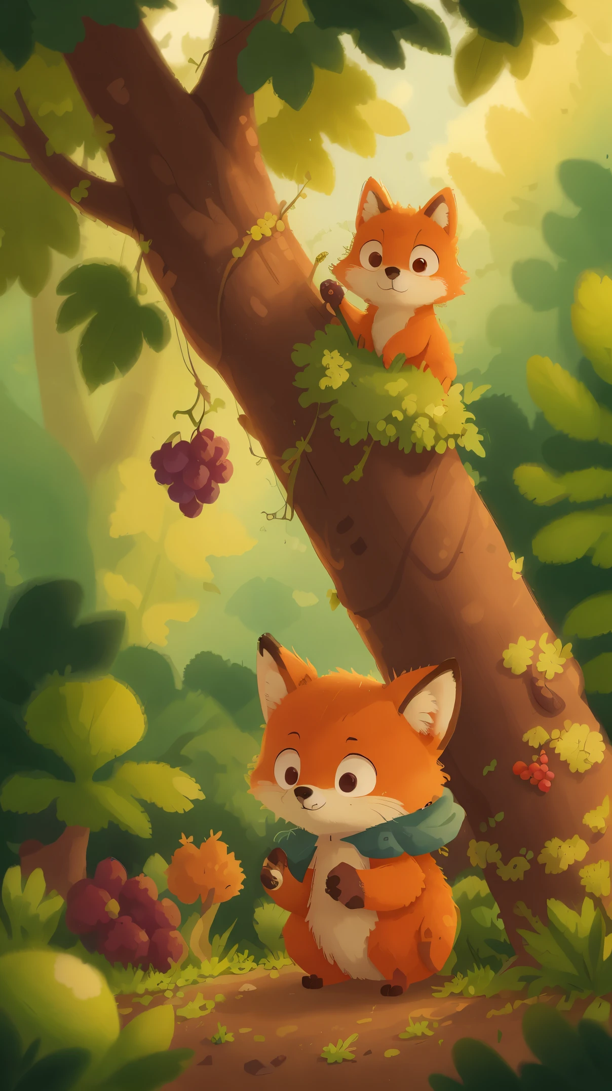 A small fox looks at the grapes on the tree