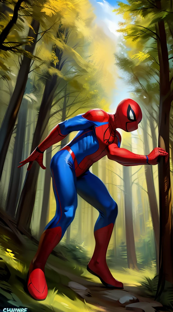 a brown wolf wearing a red and blue spiderman costume, and putting on his stretch spidey mask over his headface, at a forest, by chunie by TopgearAE86turbo