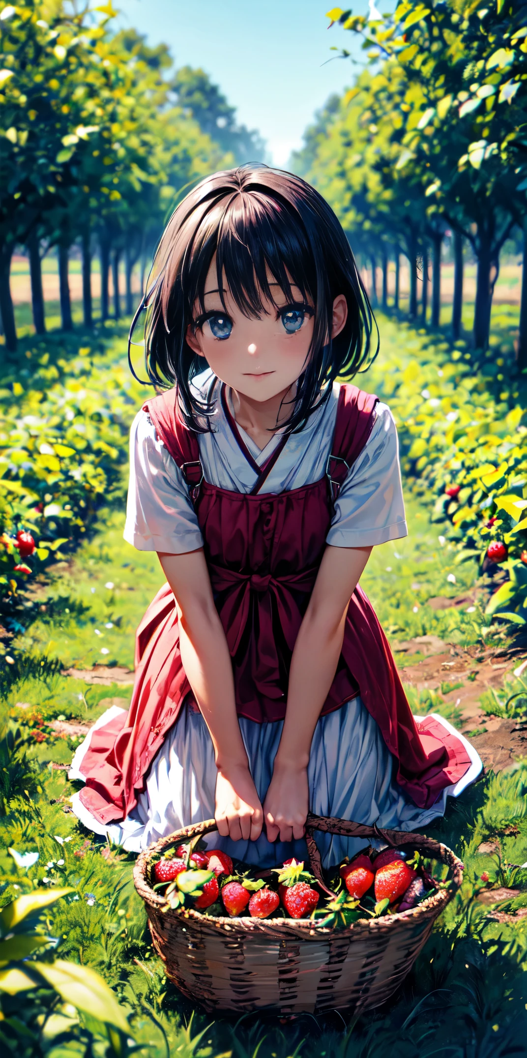 Dive into the sweet world of strawberries, capturing their allure in an anime-inspired narrative. Medium: Digital Art. Style: Anime, reminiscent of classic Japanese animations that celebrate the beauty of everyday life. Setting: A quaint countryside farm, with rows of strawberry plants laden with ripe, juicy berries. Lighting: Golden hour, with the sun casting a warm, amber glow over the field, making the strawberries glisten. Colors: Rich reds of the strawberries contrasted with the deep green leaves and the soft pastels of the sky. kneeling to pick the perfect strawberry. Her eyes sparkle with delight, and her cheeks match the color of the berries. Nearby, a basket overflows with freshly picked strawberries. Composition: A close-up of the girl's hands delicately holding a strawberry, with the farm stretching out in the background. .