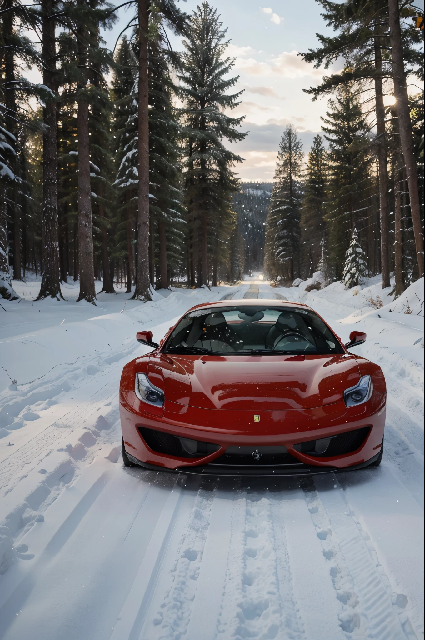 A realistic photo of a Ferrari car in the snowy forest in 8k and high resolution
