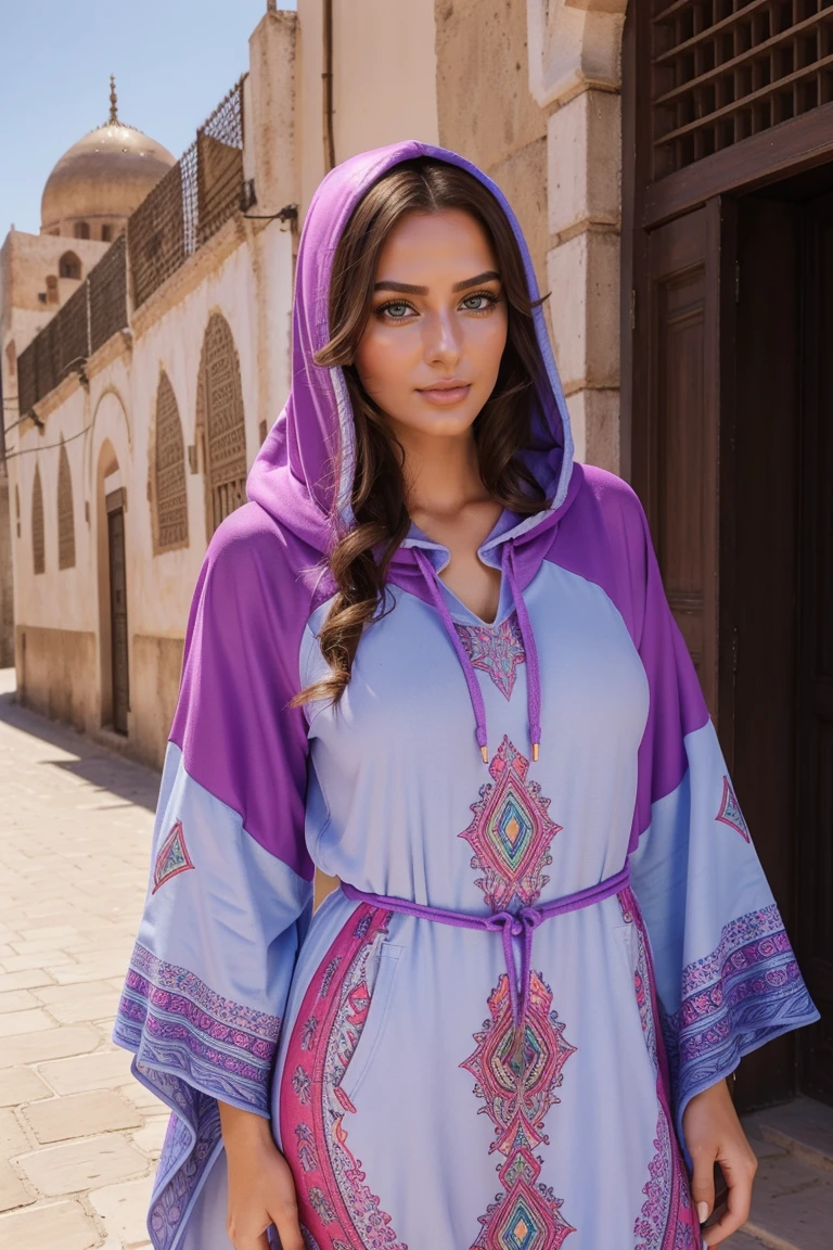 Instagram-Models posieren in Fes, in colorful futuristic kaftan hoodie, full entire body, beautiful detailed eyes, beautifully detailed lips, extremely detailed eyes and face, kurzes, welliges rosa Haar ((best qulaity)), ((Meisterwerk)), (detailliert), perfektes Gesicht, full entire body