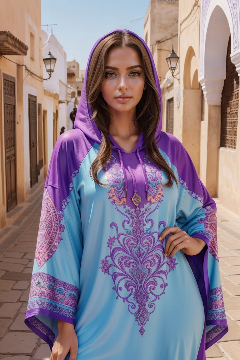 Instagram-Models posieren in Fes, in colorful futuristic kaftan hoodie, full entire body, beautiful detailed eyes, beautifully detailed lips, extremely detailed eyes and face, kurzes, welliges rosa Haar ((best qulaity)), ((Meisterwerk)), (detailliert), perfektes Gesicht, full entire body