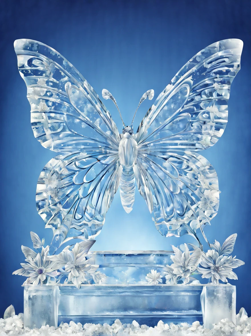 (Symmetrical:1.3),Charming ice sculpture of majestic butterfly, Lots of frozen flowers,Graceful wings and exquisite details highlight its mysterious nature, Use the translucency of ice to add an ethereal touch,Let light come from outside and illuminate the sculpture, (((((Vector art abstract design))))) (very sad:2)