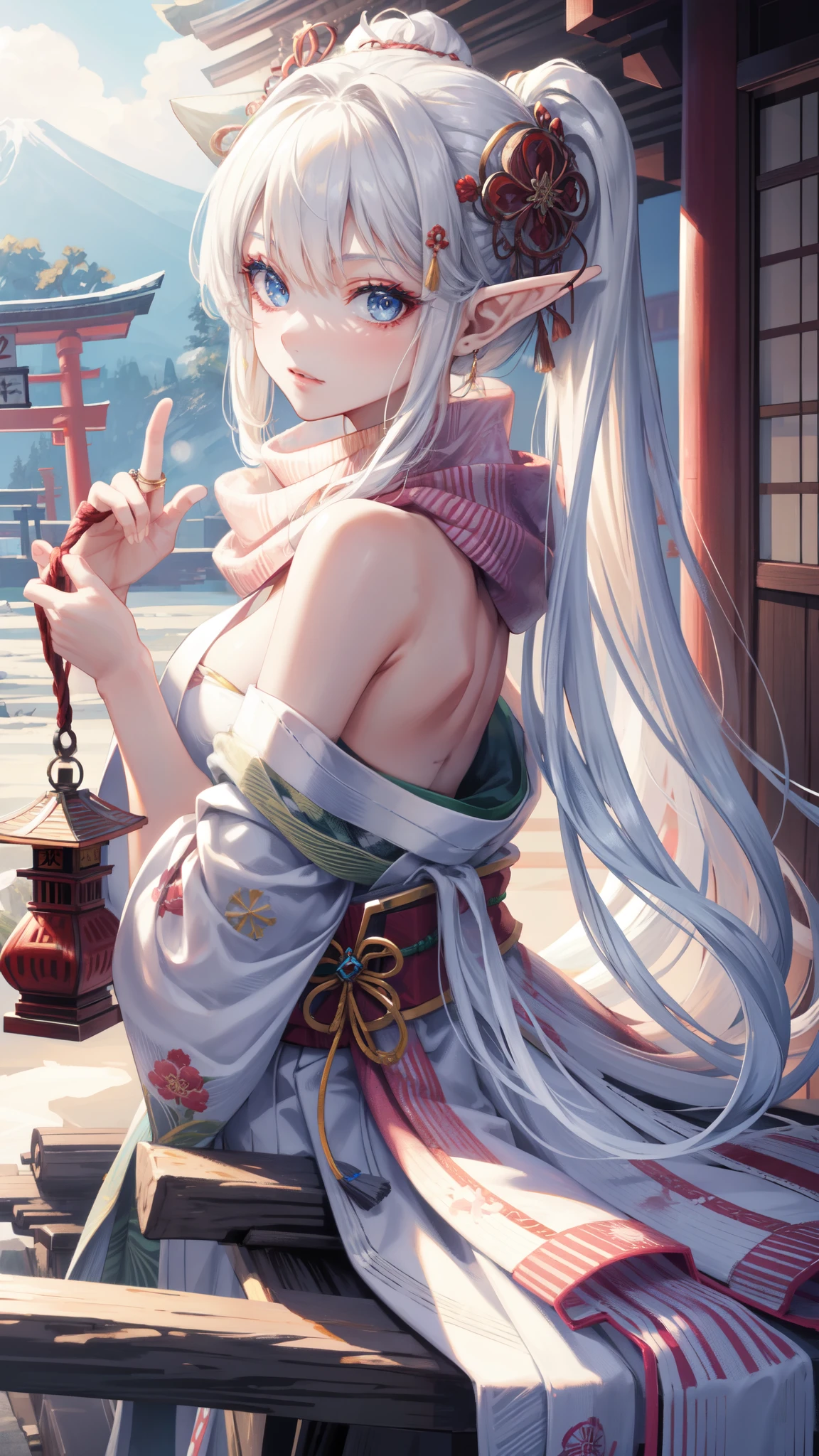 ((masterpiece )), (top quality), (best quality), ((ultra-detailed, 8k quality)), Aesthetics, Cinematic lighting, (detailed line art), 
BREAK, 
highly detailed of (elf), (1girl), perfect face, details eye, double pigtails hair, Blunt bangs, (hair between eye), blonde white hair, blue eyes, eyelashes, eyeshadow, pink eyeshadow, light smile, design art by Artgerm, by Kawacy, By Yoshitaka Amano,
BREAK,
(scarf), ring, Cute kimono, Han'eri, Haori, (geta), cowboy shot, dynamic angle, looking at viewer, showing her hand out, (Winter Creek background), Japanese architecture, Mt. Fuji, midday, torii,  (white BACKGROUND:1.2),HEXAGON, three-dimensional effect, amano yoshitaka,
BREAK, 
((perfect anatomy)), nice body, medium breast, extremely detailed finger, best hands, perfect face, beautiful face, beautiful eyes, perfect eyes, perfect fingers, correct anatomy, 