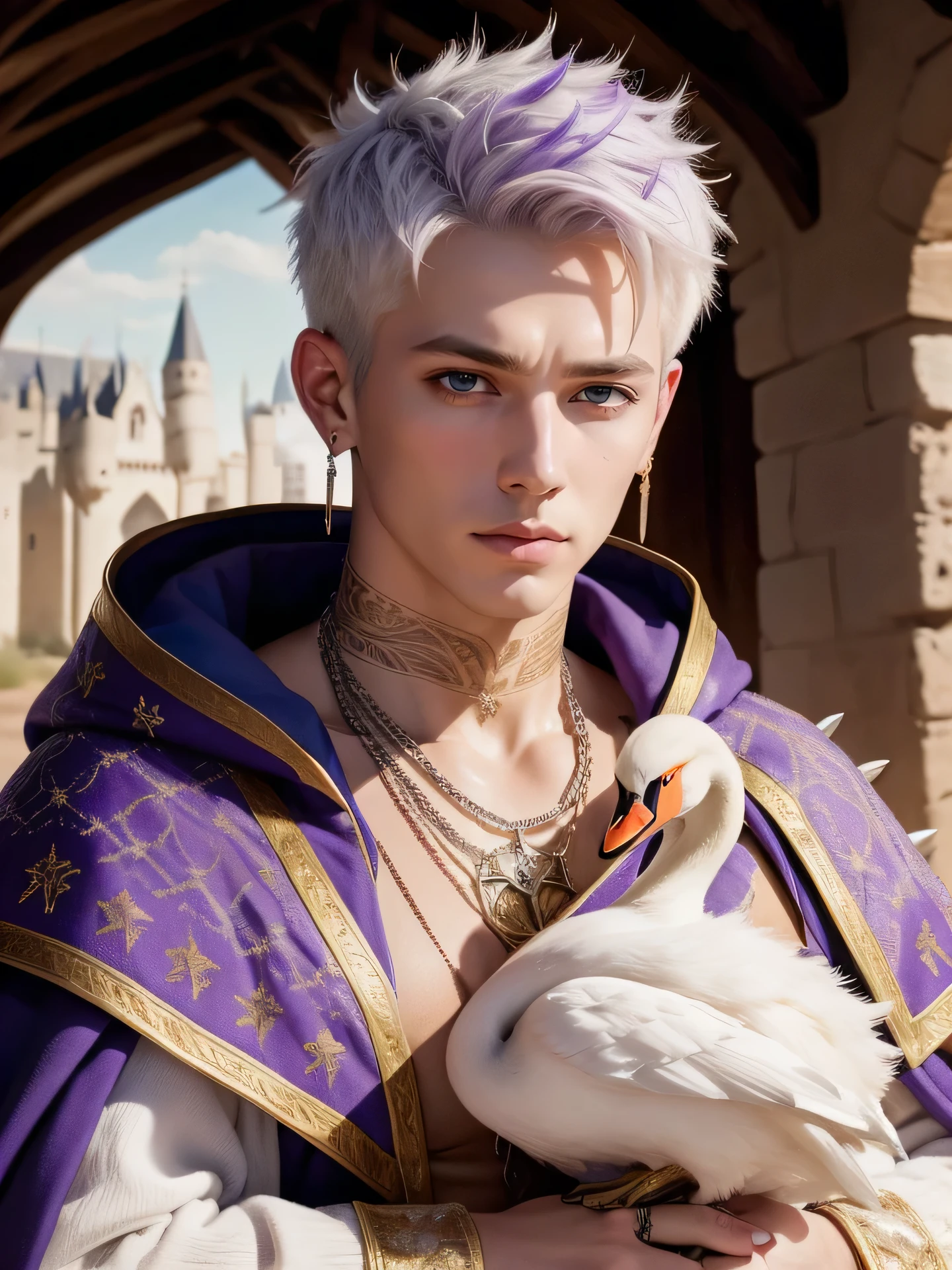 the highest quality, detailed image, colorful, vivid colors, solo, detailed face, male, white short spiky hair, tan medieval adviser, inside old castle, glossy skin, cloak, gilded, royal, lavender accents, swan, swans, desert theme, tattoos,