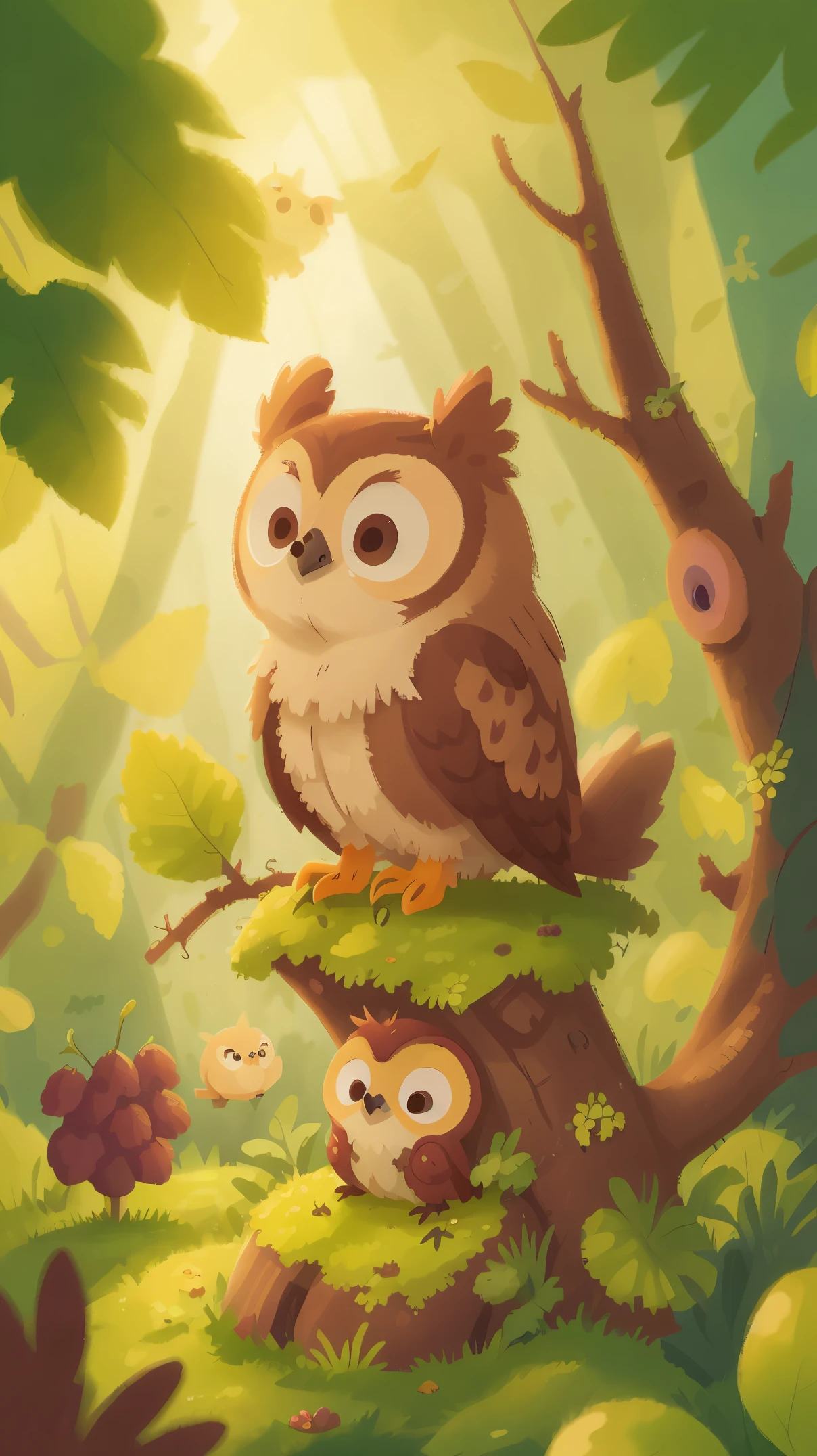 A little owl looks at the grapes on the tree