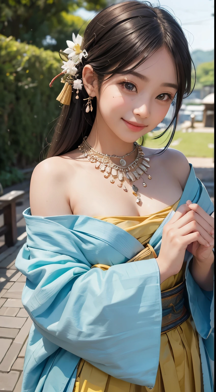 beautiful girl in a primitive costume made of hemp, front face, photo, an extremely delicate and beautiful, extremely detailed, Amazing, extremely detailed skin, (18 years old:1.2), cute girl, famous Japanese idol, kawaii, fair skin, shiny skin, chin thin, (smile:1.2), cute, young, extremely detailed nose, extremely detailed mouth, cute face, (realistic face:1.2), beautiful views, ancient japan