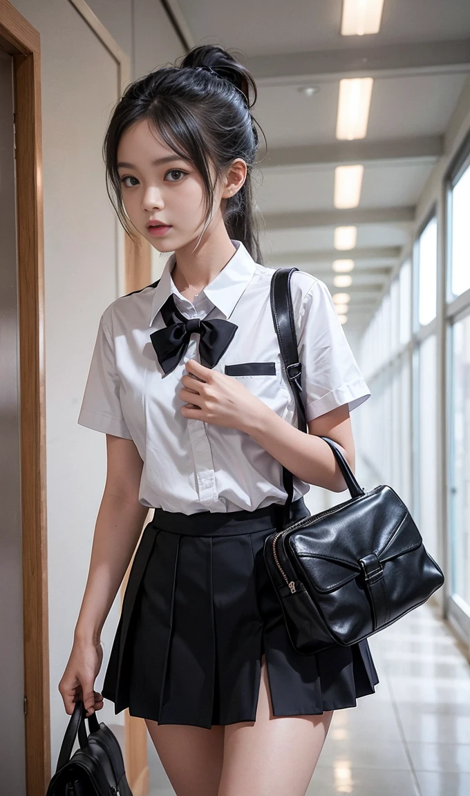 2 girls, 2 younger sister, black bag, Lindo short school uniform, short school uniform, mini skirt, hanging animals, ponytail, like, Walking hand in hand in the corridor,