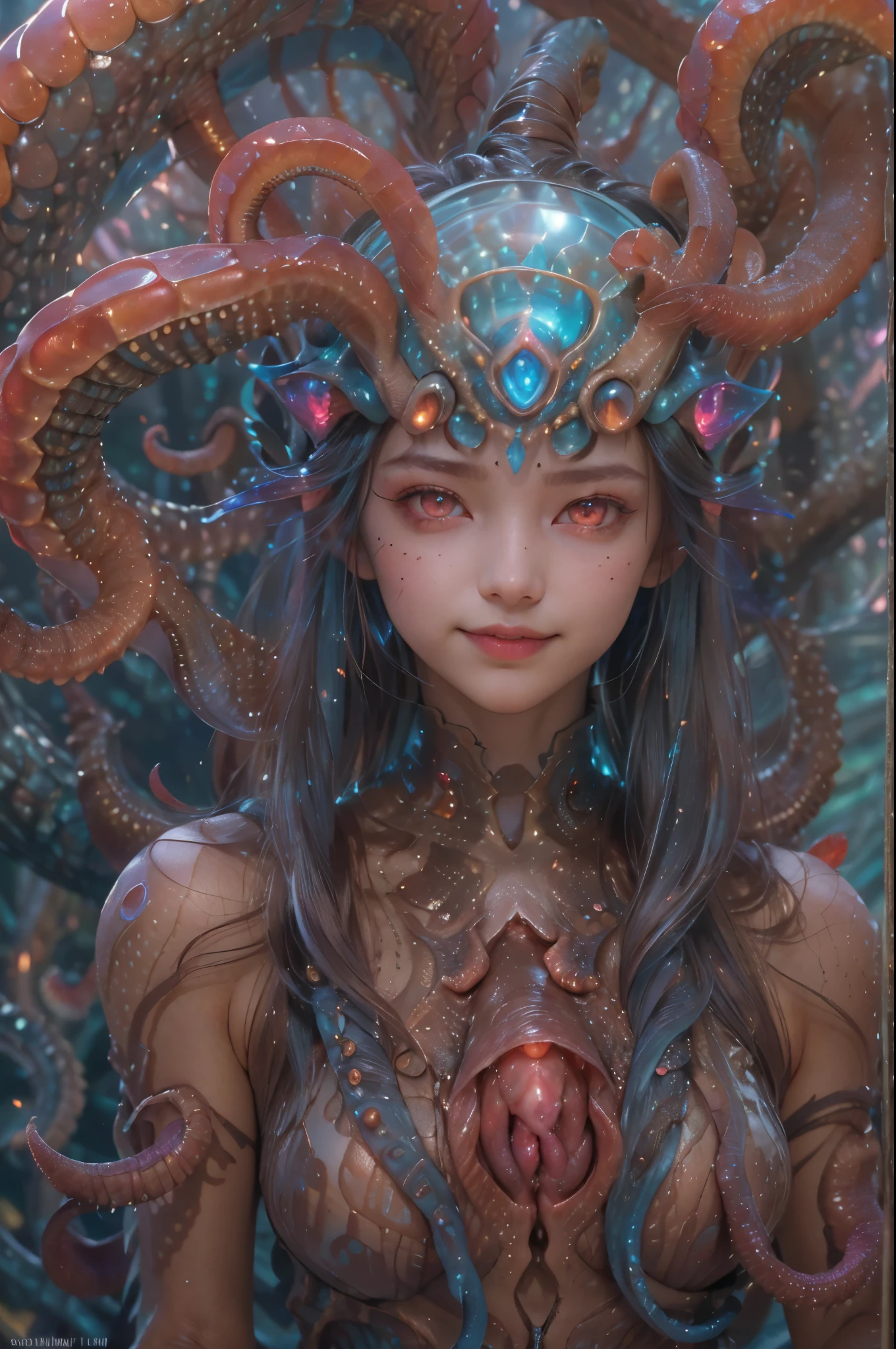 scary and sexy detailed art in color, Portrait, (beautiful and obscene female alien:1.4), (vulgarity1.5), (she has red eyes with no pupils:1.8), (Translucent skin:1.7), (There is a female genital-like organ in the middle of the forehead:1.9), (The most beautiful face in the history of the universe:1.2),an evil gaze that seduces, (large mouth:1.1), (sharp teeth like a vampire:1.2), Full body portrait, (bio luminescent:1.5), (Smile wickedly:1.3), (sexypose:1.5), alien, No humans, cells are fused, (Lots of translucent tentacles:1.3) extraterrestrial, cell, bio image, best quality, 8K,In 4K_quality, High freshness, Dramatic Lighting, masutepiece:1.5,cinematic quality, detail up, (exquisite details:1.2), high resolution, High freshness, drawing faithfully, (Thick eyebrows:1.2), Beautiful eyes with fine symmetry,(Highly detailed face and eyes:1.2), Intimate face, (Super detailed skin quality feeling:1.4), perfect anatomy, (Beautiful toned body:1.5), (Moist skin:1.2), not wearing makeup, (dark circles:1.1), long canines, cinematic drawing of characters, ultra high quality model, cinematic quality, detail up, (exquisite details:1.2), high resolution, High freshness, drawing faithfully, official art, Unity 8K Wall , 8K Portrait, best quality, Very high resolution, ultra detailed artistic photography, midnight aura, unreal engine 5, Ultra Sharp Focus, art by Amano Yoshitaka, ArtGerm, Roisch, intricate artwork, best quality, masterpiece, ultra high resolution, (photos realistic:1.4), ultra realistic realism, dream-like, nautilus, Creation of fantasy, Snail, Dream Snail, (biopunk nautilus:1.3),Thrilling color schemes, ultra realistic realism, seductively smiling, Blue tentacles,
