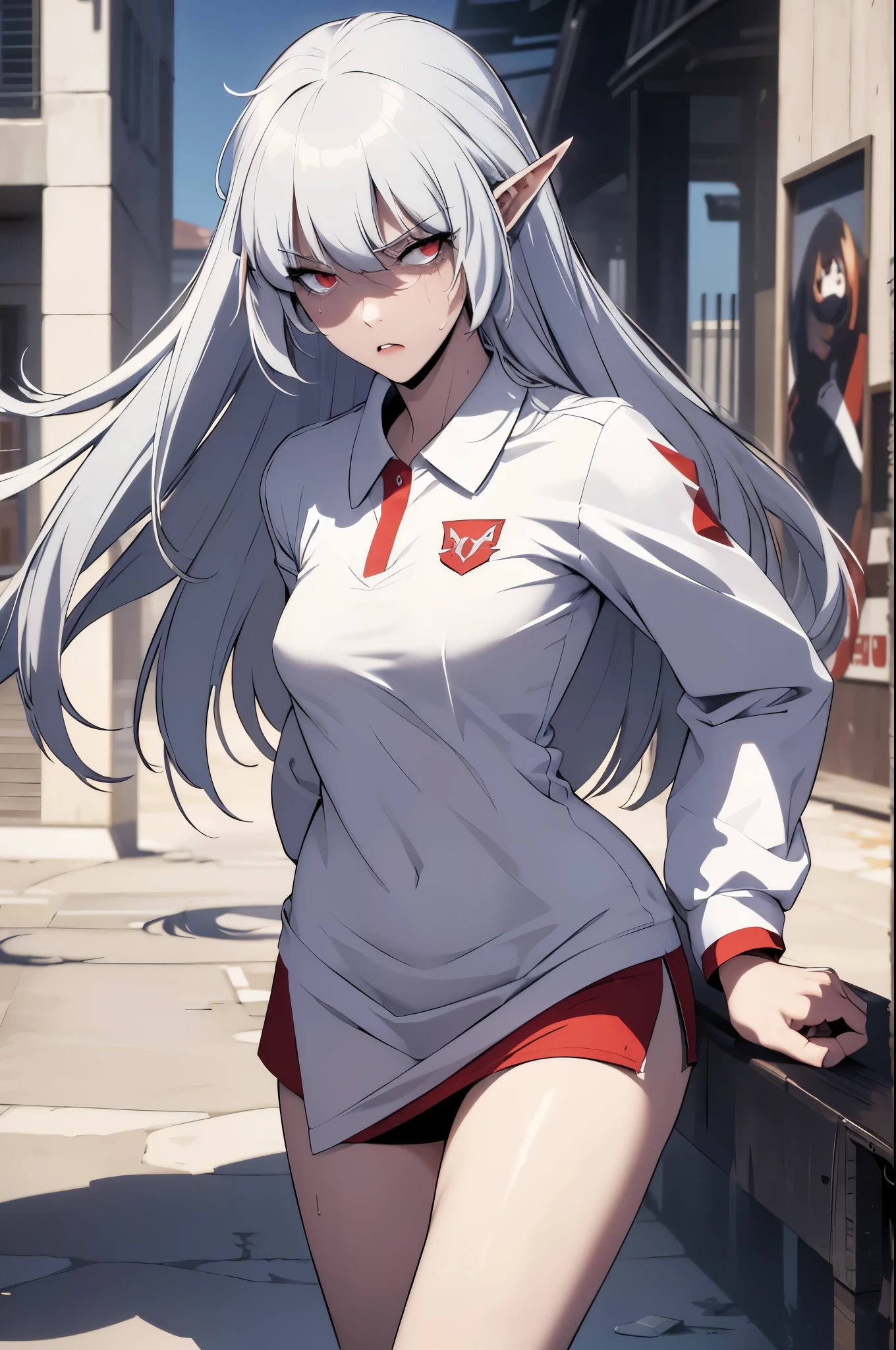 alice,vampire,grey hair, long hair, red eyes, pointy ears, small breasts,1girl, solo, white polo shirt, white sneakers, tennis wear, white miniskirt, masterpiece, best quality, realistic, hyper-detailed, (shiny skin, sweaty:1.2), absurd, looking at viewer, short red hair, red eyes, slender, dynamic lighting, high resolution, sharp focus, depth of field, detailed eyes, sharp pupils, realistic pupils, , (thick thighs:1.0), outdoor, sky
