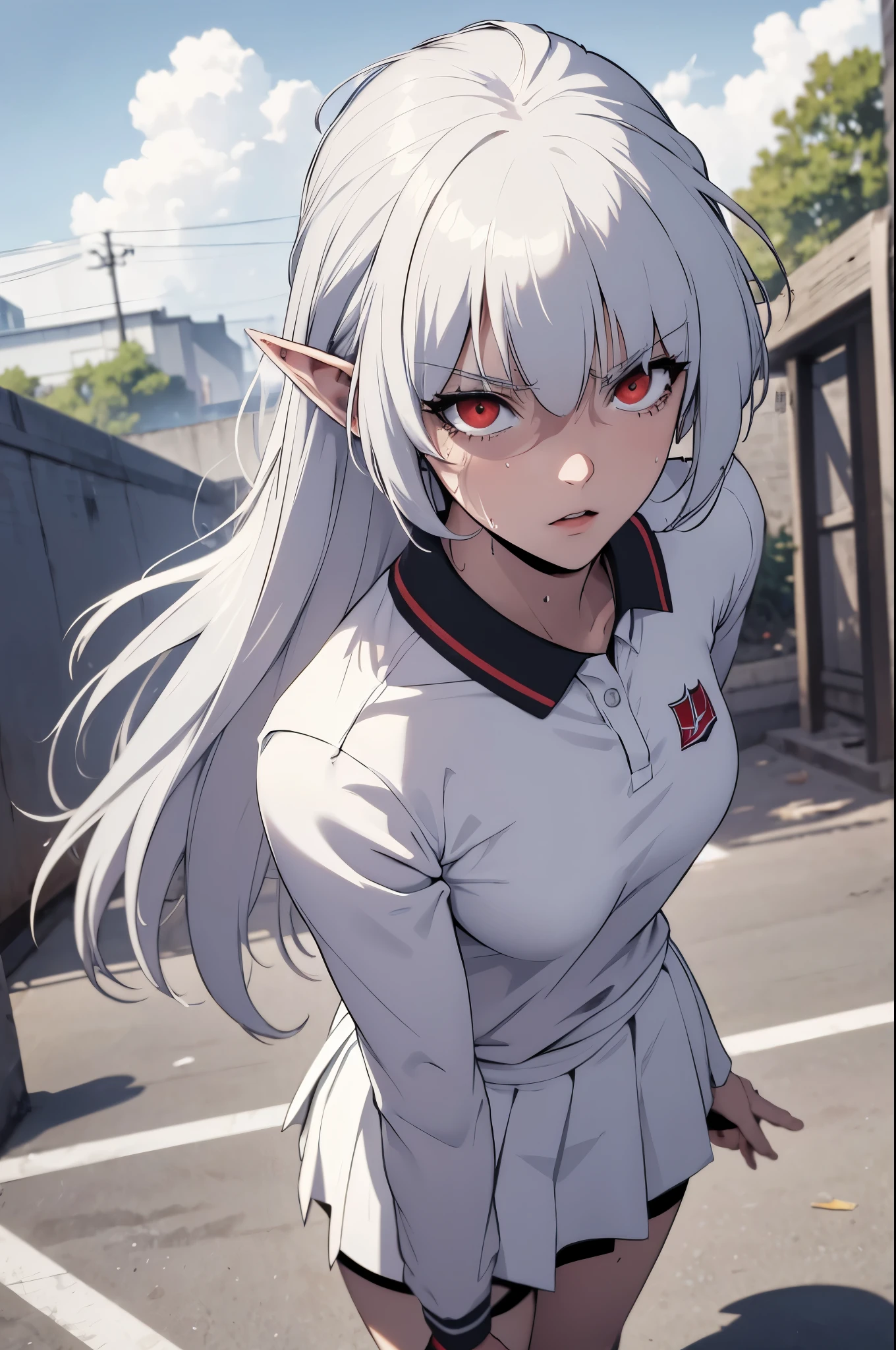 alice,vampire,grey hair, long hair, red eyes, pointy ears, small breasts,1girl, solo, white polo shirt, white sneakers, tennis wear, white miniskirt, masterpiece, best quality, realistic, hyper-detailed, (shiny skin, sweaty:1.2), absurd, looking at viewer, short red hair, red eyes, slender, dynamic lighting, high resolution, sharp focus, depth of field, detailed eyes, sharp pupils, realistic pupils, , (thick thighs:1.0), outdoor, sky
