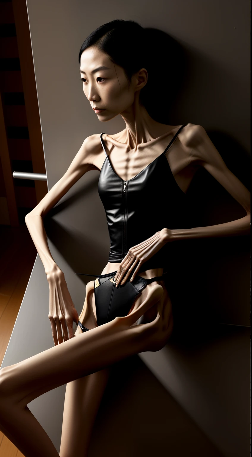 extremely thin woman，fair skin，The body  very thin，Rib chest，Protruding sternum，The sternum  obvious，Waist  very thin，The ribs are noticeable，Protruding ribs，The pelvic protrusion  very obvious，Pelvis clear，Hip bones are obviously prominent，thin shoulde，Waist  very thin，Sunken abdomen，Abdominal muscle atrophy，hunger，Delicate arms，arm muscle atrophy，slender thighs，Short hair details，Wear a one-piece leather jacket，asian face，Haggard expression，Excessive weight loss，Skinny as a skeleton，sunken face，Severe malnutrition