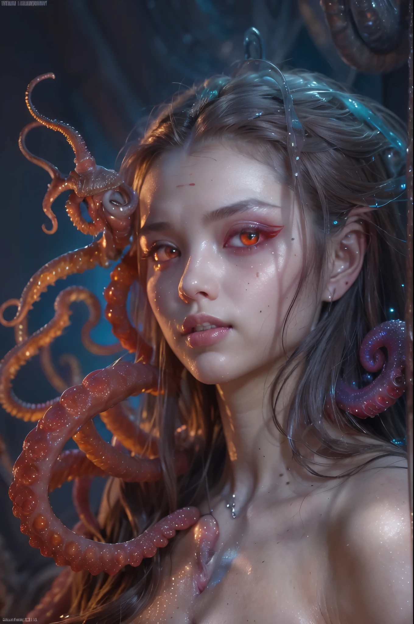 scary and sexy detailed art in color, Portrait, (beautiful and obscene female alien:1.4), (vulgarity1.5), (she has red eyes with no pupils:1.8), (Translucent skin:1.7), (There is a female genital-like organ in the middle of the forehead:1.9), (The most beautiful face in the history of the universe:1.2),an evil gaze that seduces, (large mouth:1.1), (sharp teeth like a vampire:1.2), Full body portrait, (bio luminescent:1.5), (Smile wickedly:1.3), (sexypose:1.5), alien, No humans, cells are fused, (Lots of translucent tentacles:1.3) extraterrestrial, cell, bio image, best quality, 8K,In 4K_quality, High freshness, Dramatic Lighting, masutepiece:1.5,cinematic quality, detail up, (exquisite details:1.2), high resolution, High freshness, drawing faithfully, (Thick eyebrows:1.2), Beautiful eyes with fine symmetry,(Highly detailed face and eyes:1.2), Intimate face, (Super detailed skin quality feeling:1.4), perfect anatomy, (Beautiful toned body:1.5), (Moist skin:1.2), not wearing makeup, (dark circles:1.1), long canines, cinematic drawing of characters, ultra high quality model, cinematic quality, detail up, (exquisite details:1.2), high resolution, High freshness, drawing faithfully, official art, Unity 8K Wall , 8K Portrait, best quality, Very high resolution, ultra detailed artistic photography, midnight aura, unreal engine 5, Ultra Sharp Focus, art by Amano Yoshitaka, ArtGerm, Roisch, intricate artwork, best quality, masterpiece, ultra high resolution, (photos realistic:1.4), ultra realistic realism, dream-like, nautilus, Creation of fantasy, Snail, Dream Snail, (biopunk nautilus:1.3),Thrilling color schemes, ultra realistic realism, seductively smiling, Blue tentacles,