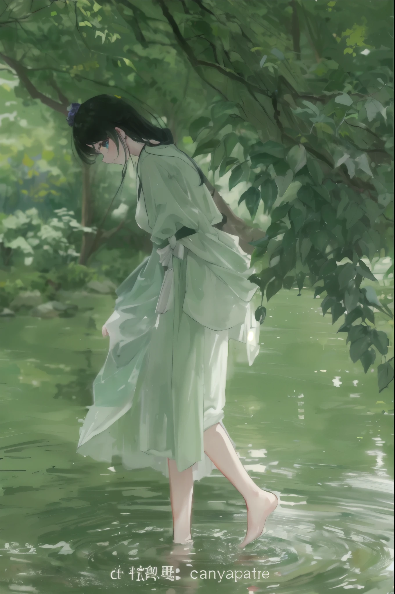 arafed woman in a green dress walking in a pond, inspired by Tang Yifen, a stunning young ethereal figure, hanfu, inspired by Ma Yuan, flowing magical robe, inspired by Zhang Yan, style of guo hua, inspired by Qiu Ying, with acient chinese clothes, flowing robes, a still of an ethereal, floating robes