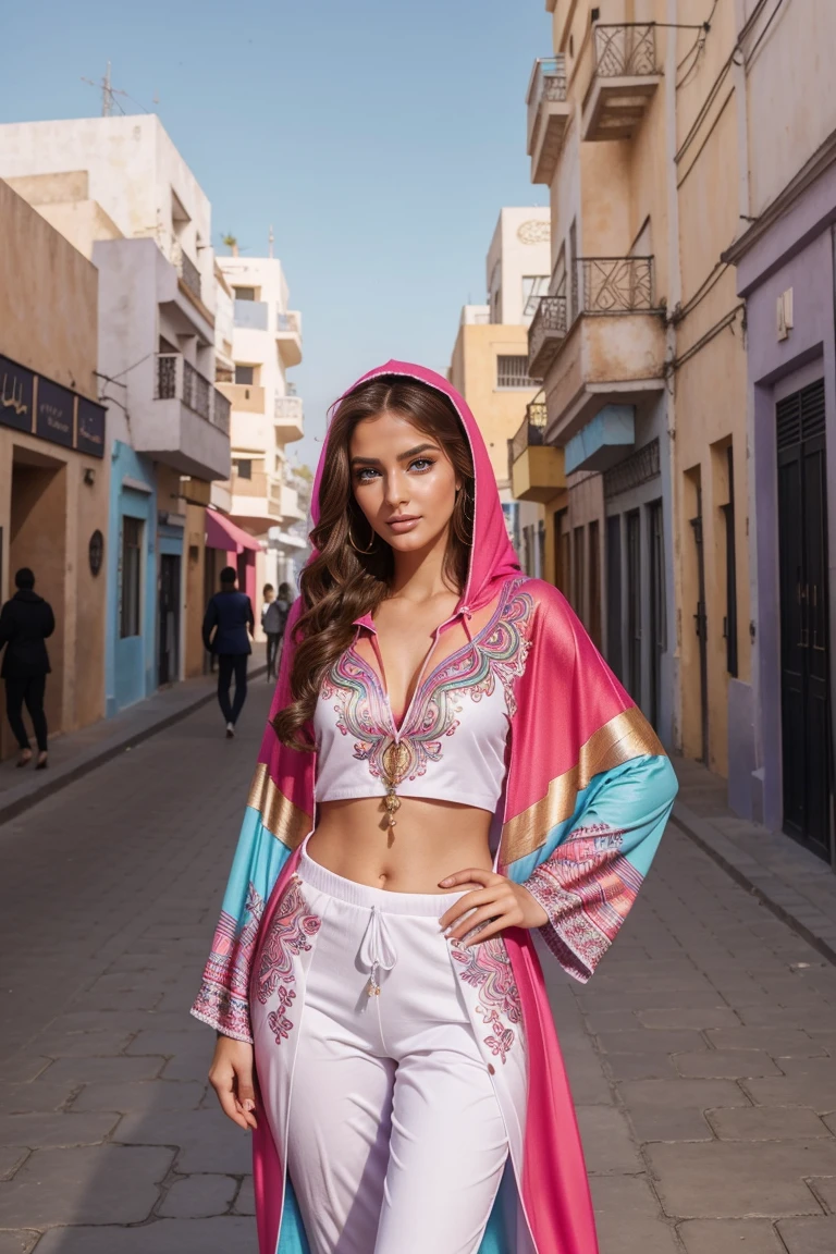 Instagram-Models posieren in Casablanca, in colorful futuristic kaftan hoodie, full entire body, beautiful detailed eyes, beautifully detailed lips, extremely detailed eyes and face, kurzes, welliges rosa Haar ((best qulaity)), ((Meisterwerk)), (detailliert), perfektes Gesicht, full entire body
