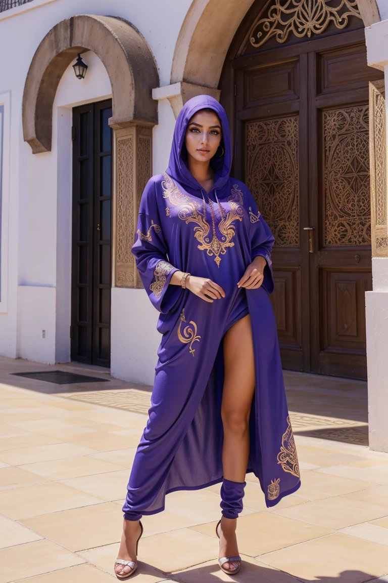 Instagram-Models posieren in Casablanca, in colorful futuristic kaftan hoodie, full entire body, beautiful detailed eyes, beautifully detailed lips, extremely detailed eyes and face, kurzes, welliges rosa Haar ((best qulaity)), ((Meisterwerk)), (detailliert), perfektes Gesicht, full entire body