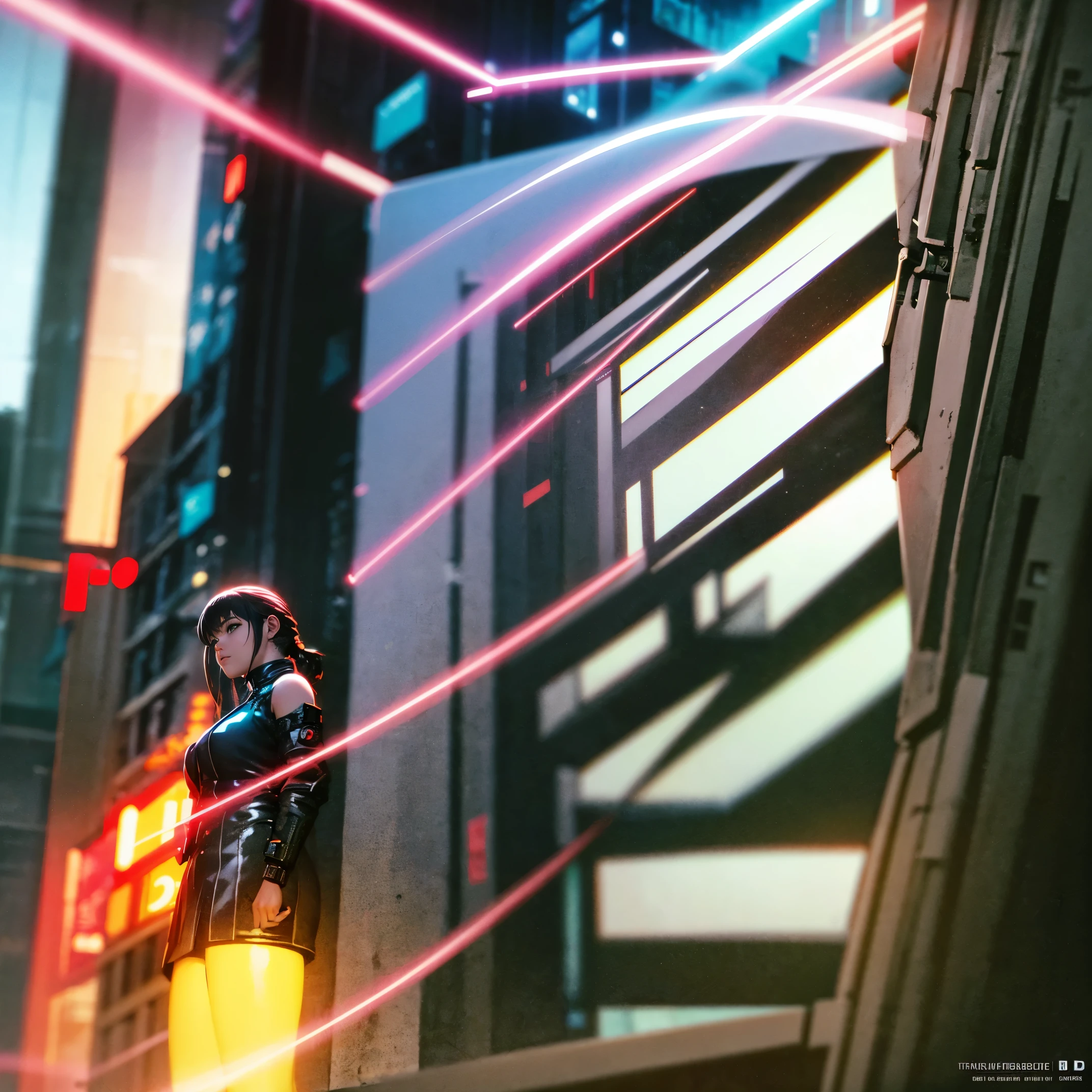 dynamic art by yoshitaka amano, makoto shinkai riding a b2fhboard,, studio ghibli, cinematic rearview of cortana posing dynamically in a cyberpunk armor looking up at a tall cyberpunk neo tokyo well lit highrise building, filled with neon signs, from behind, nice ass