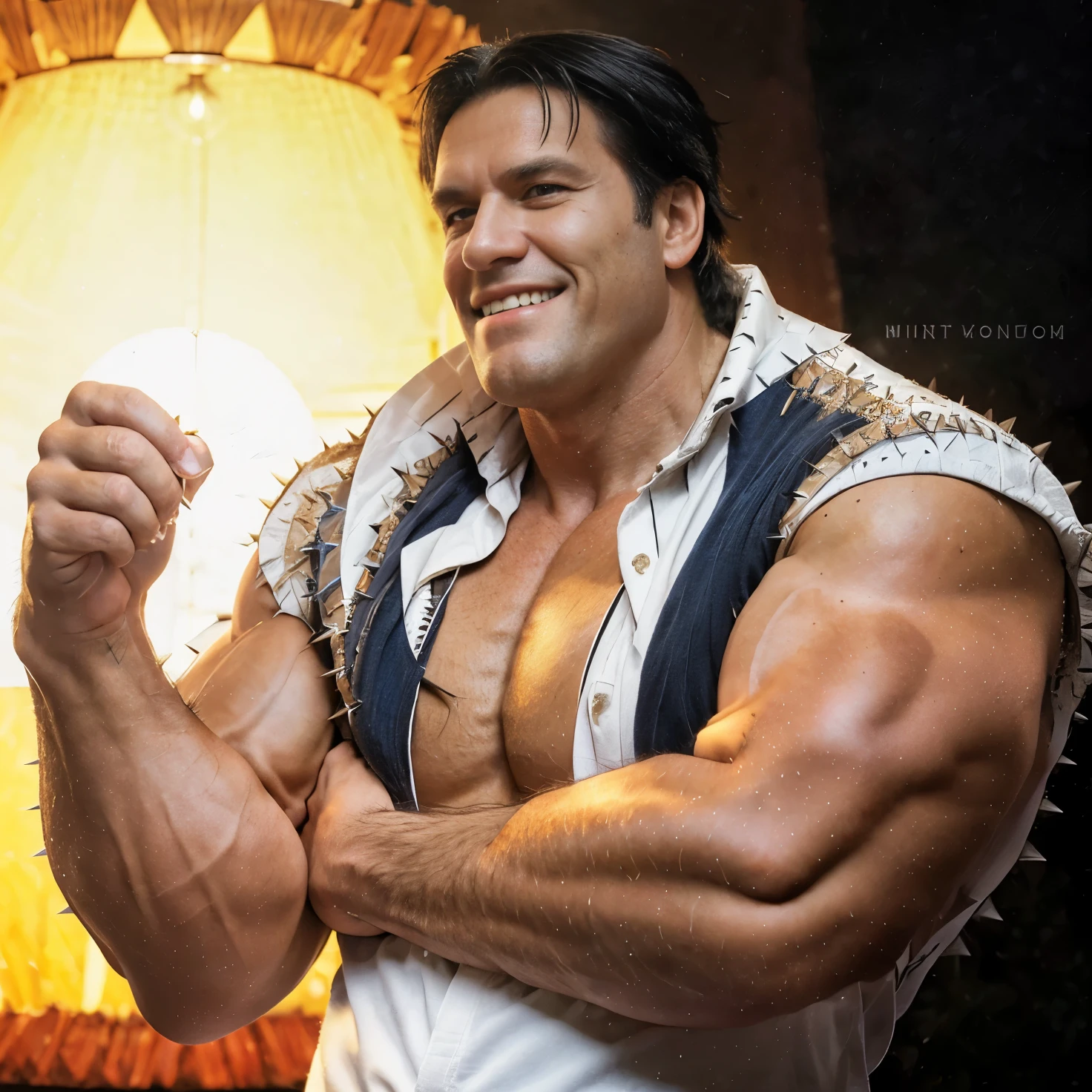 (masterpiece), (realistic), (ultra detailed), ( high reest quality), (photorealistic), (perfect face), (perfect anatomy), old man, 1male, solo, American, (((muscular))), monkey d. Garp from one piece, monkey d. Garp, Garp, ((spiky haircut)), ((black hair)), wearing white clothes, there is a blue scarf around the character's neck, the character smiles broadly, behind the character there is a yellow light