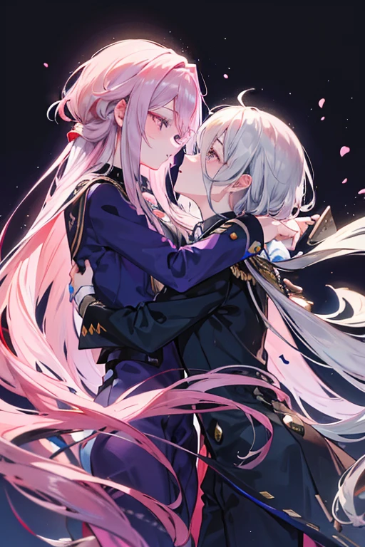 A navy haired man with long hair and silver eyes is kissing a pink haired man with violet eyes
